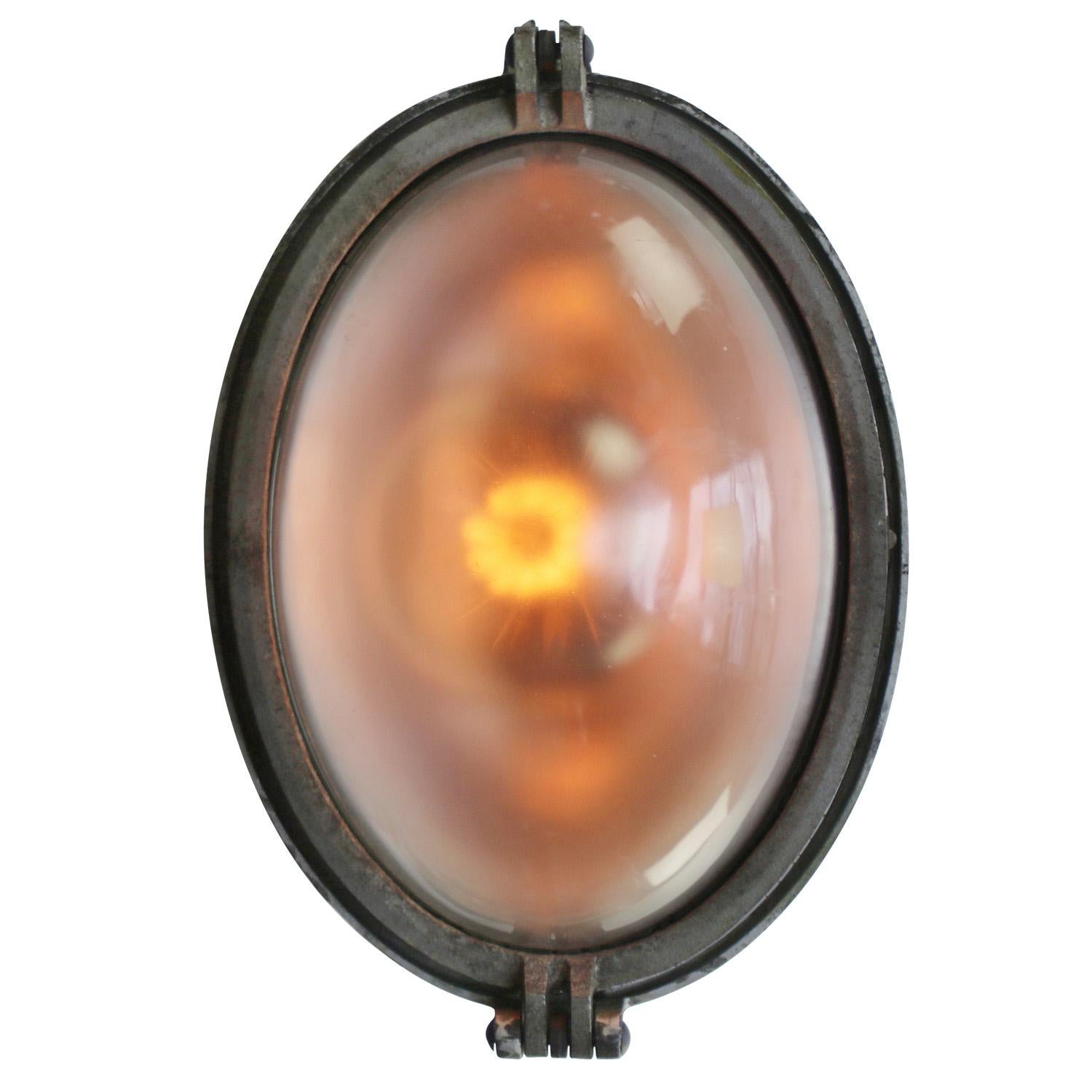 Iron French Metal Industrial Round Frosted Glass Street Wall Light by BBT France For Sale