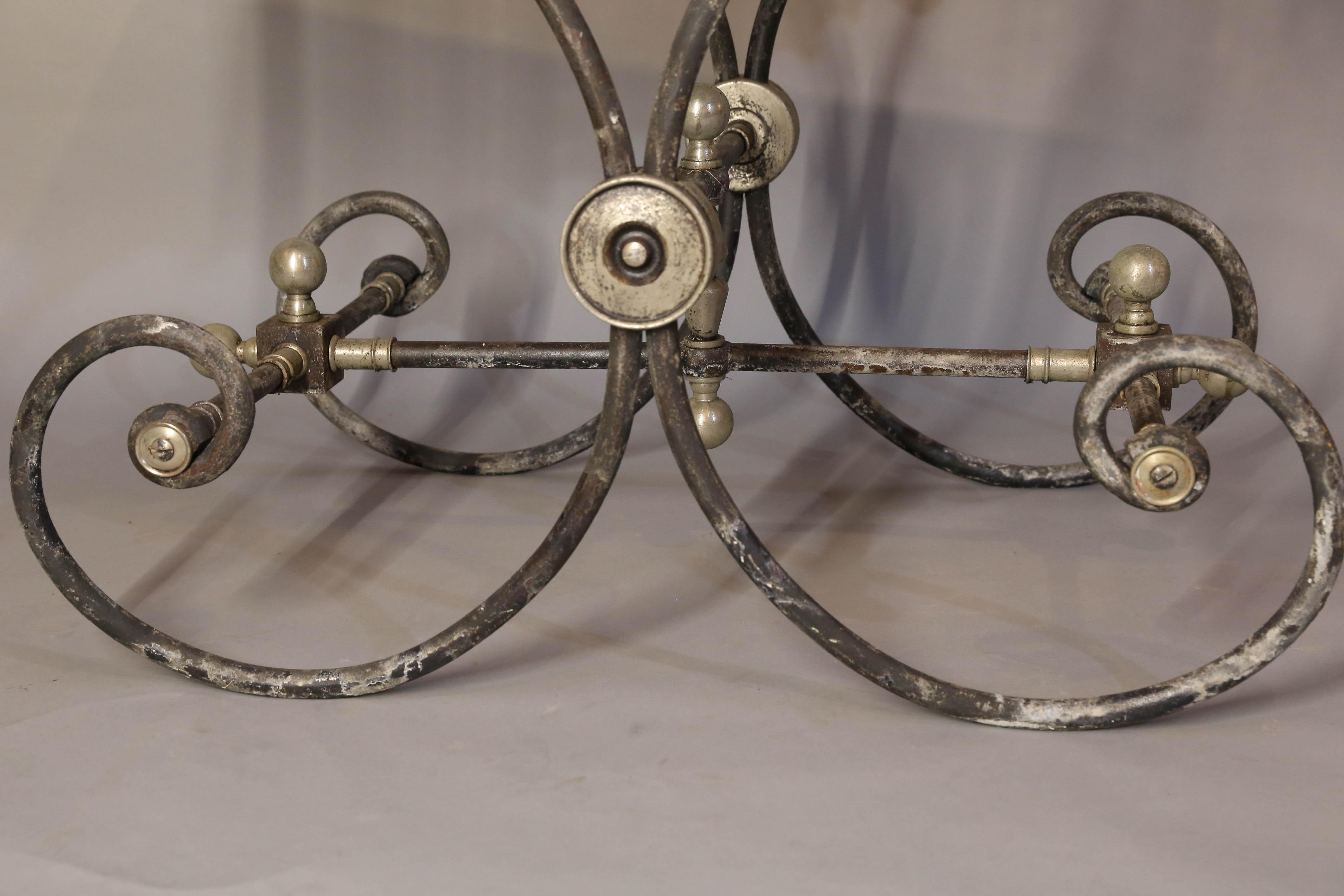 Cast French Metal Pastry Table with Decorative Apron and Marble Top For Sale