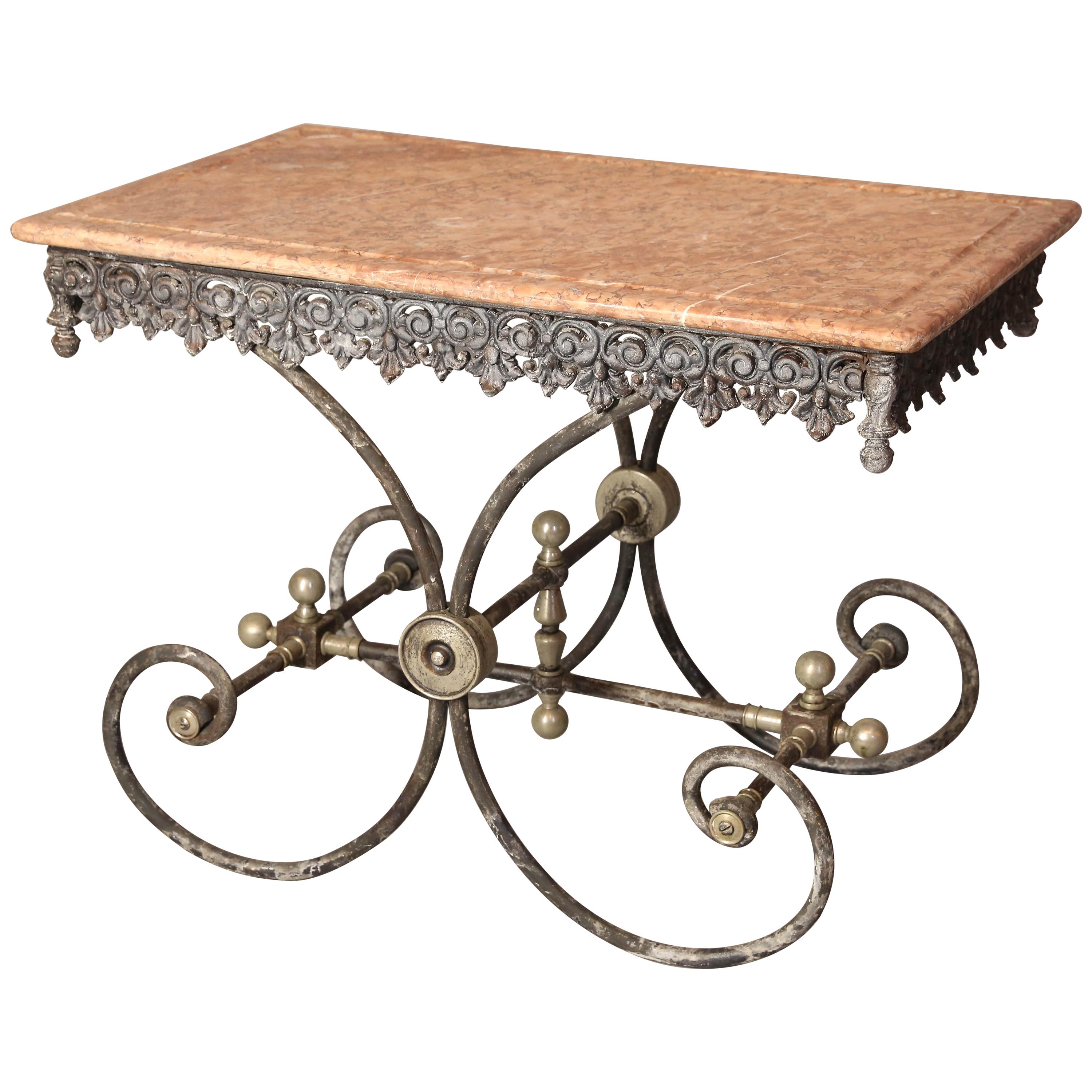 French Metal Pastry Table with Decorative Apron and Marble Top For Sale