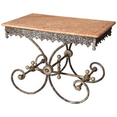 French Metal Pastry Table with Decorative Apron and Marble Top