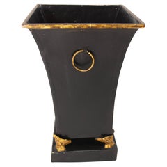 French Metal Pot Cover or Vase Black & Gold Painting, circa 1980