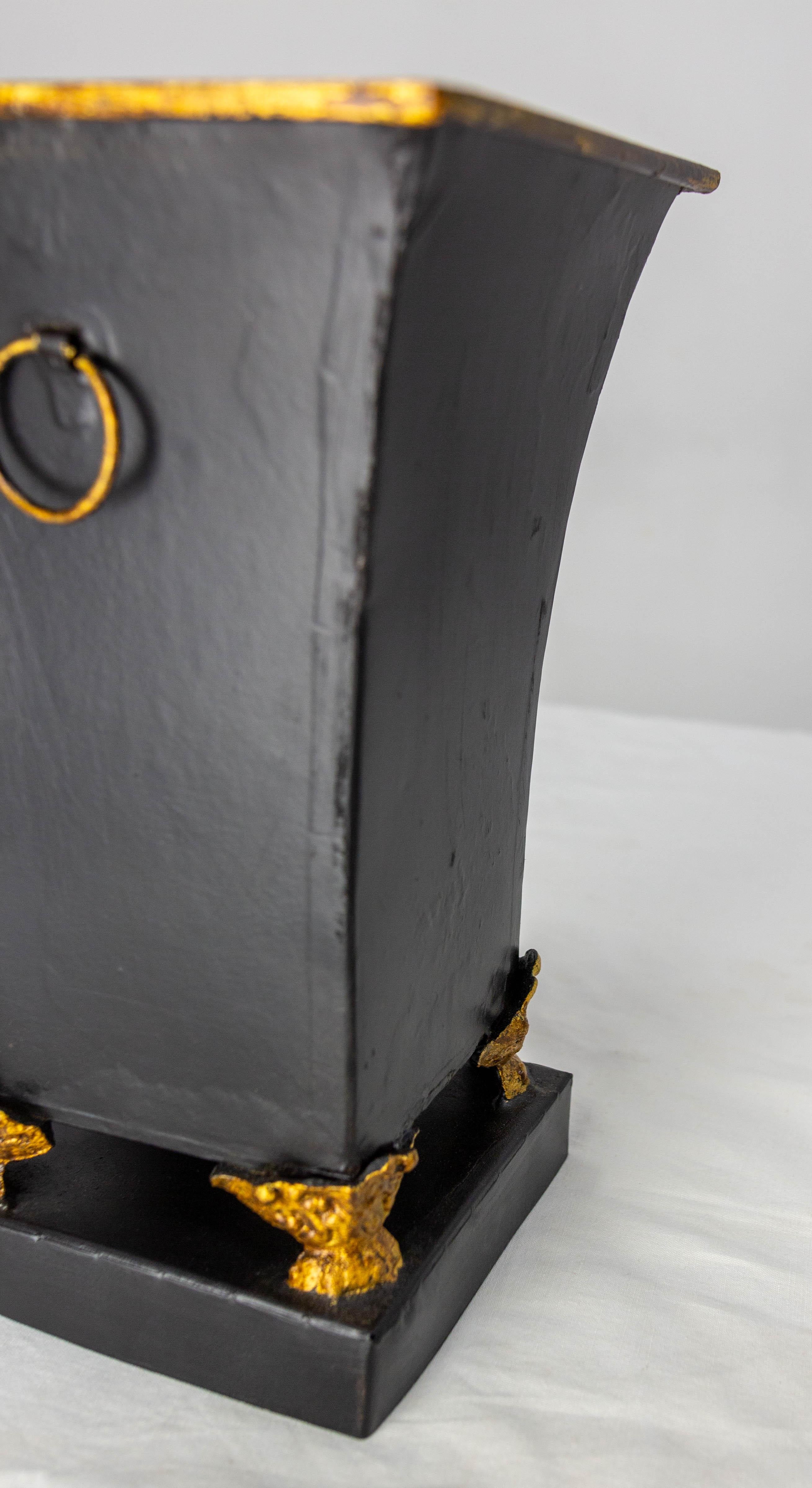 French Metal Pot Cover or Vase Black & Gold Painting, circa 1980 For Sale 3
