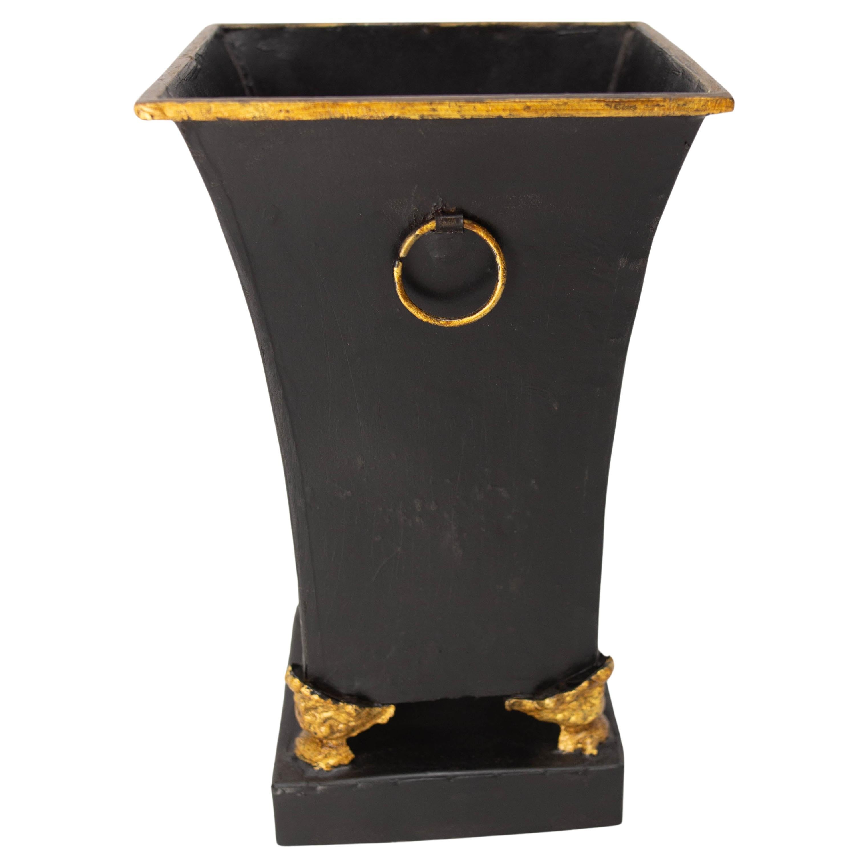 French Metal Pot Cover or Vase Black & Gold Painting, circa 1980 For Sale