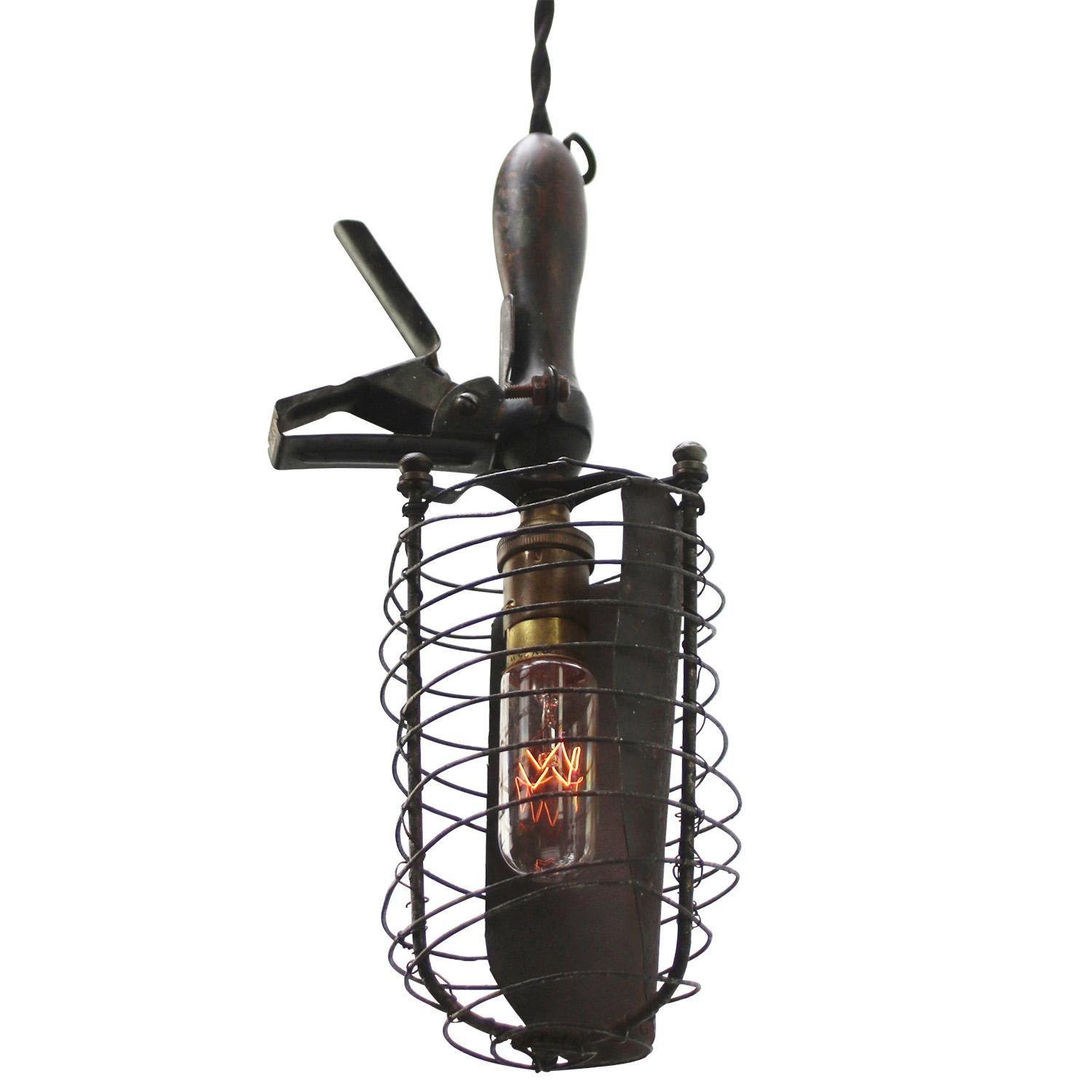 20th Century French Metal Vintage Industrial Wooden Work Light Pendant Lamp For Sale