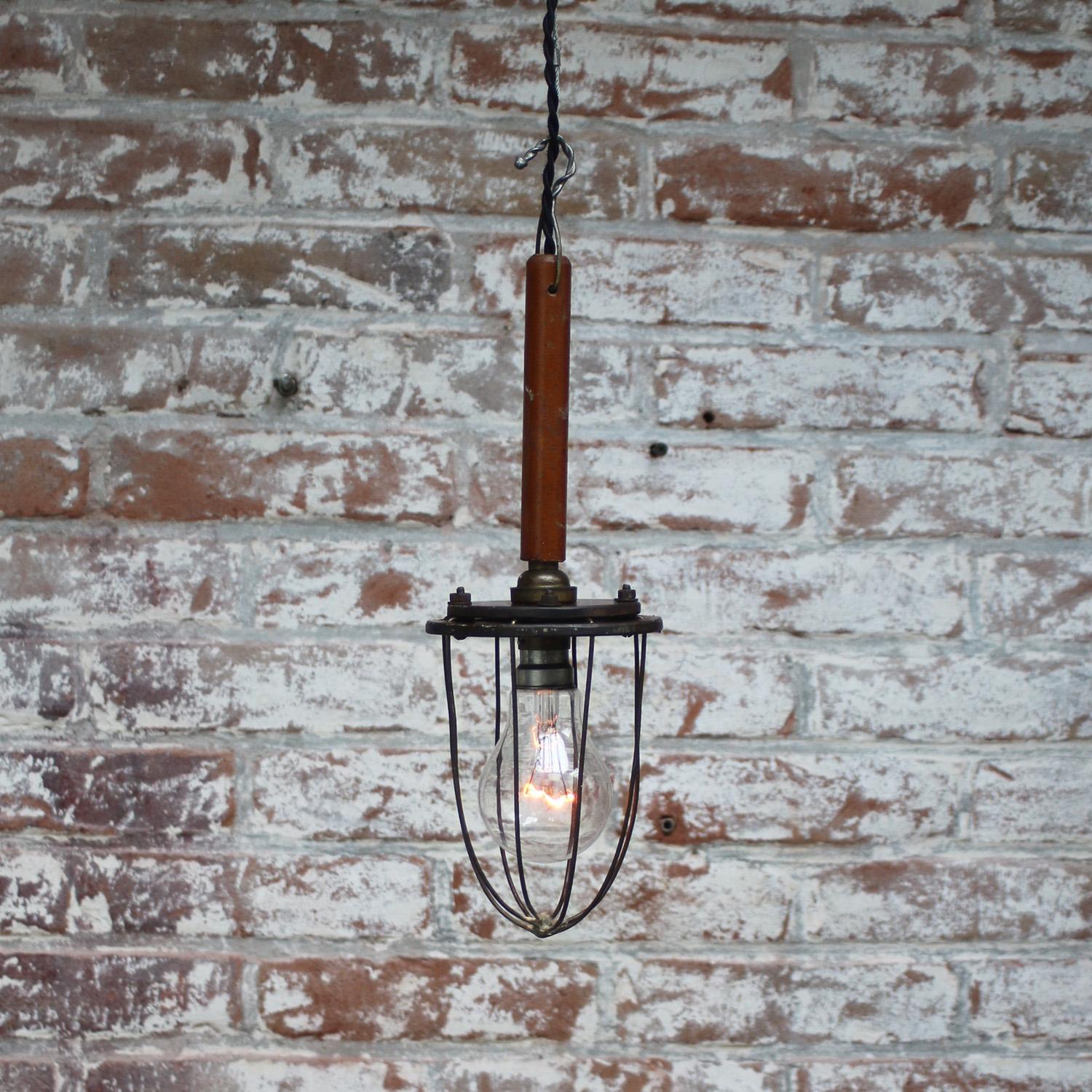 20th Century French Metal Vintage Industrial Wooden Work Light Pendant Lamp