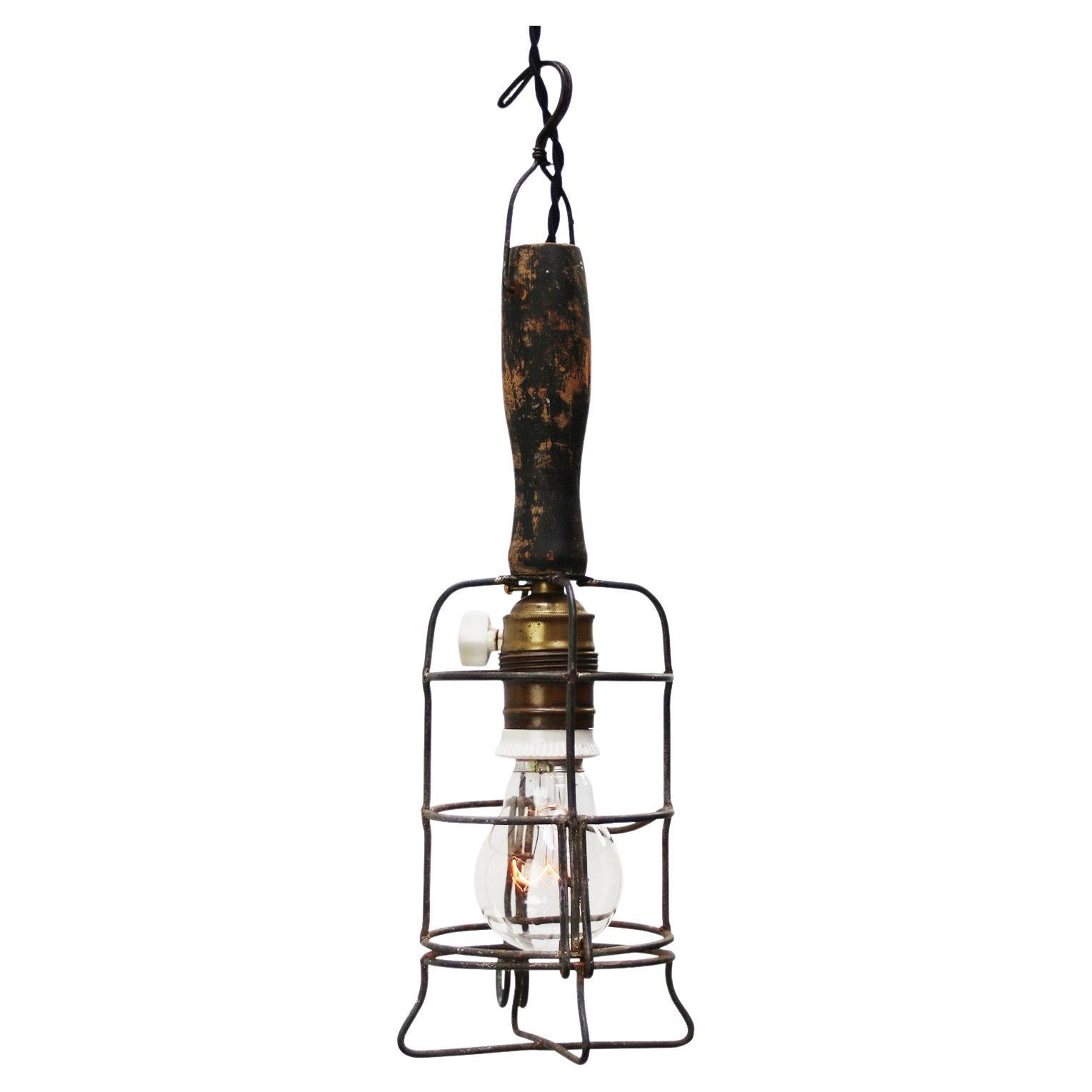 French Metal Vintage Industrial Wooden Work Light Pendant Lamp