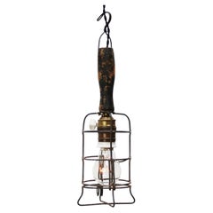 French Metal Vintage Industrial Wooden Work Light Pendant Lamp