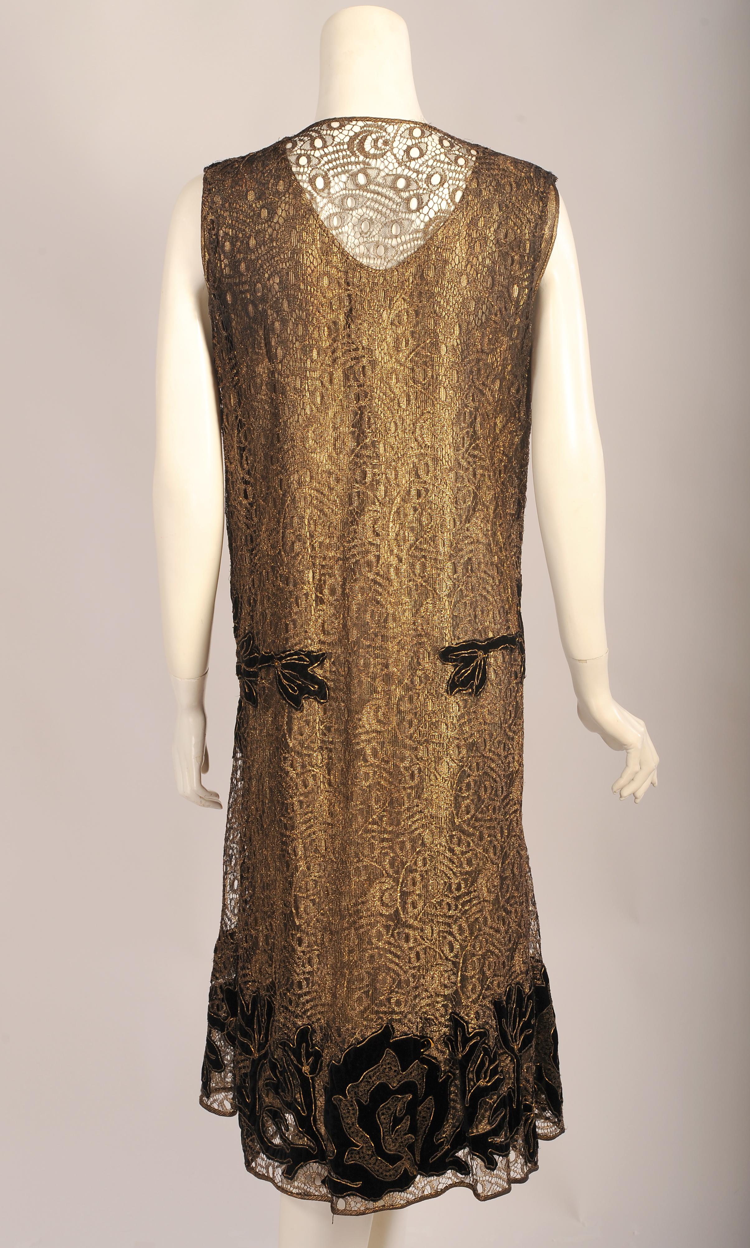 Women's French Metallic Gold Lace Flapper Dress Black Velvet Appliques 1920's