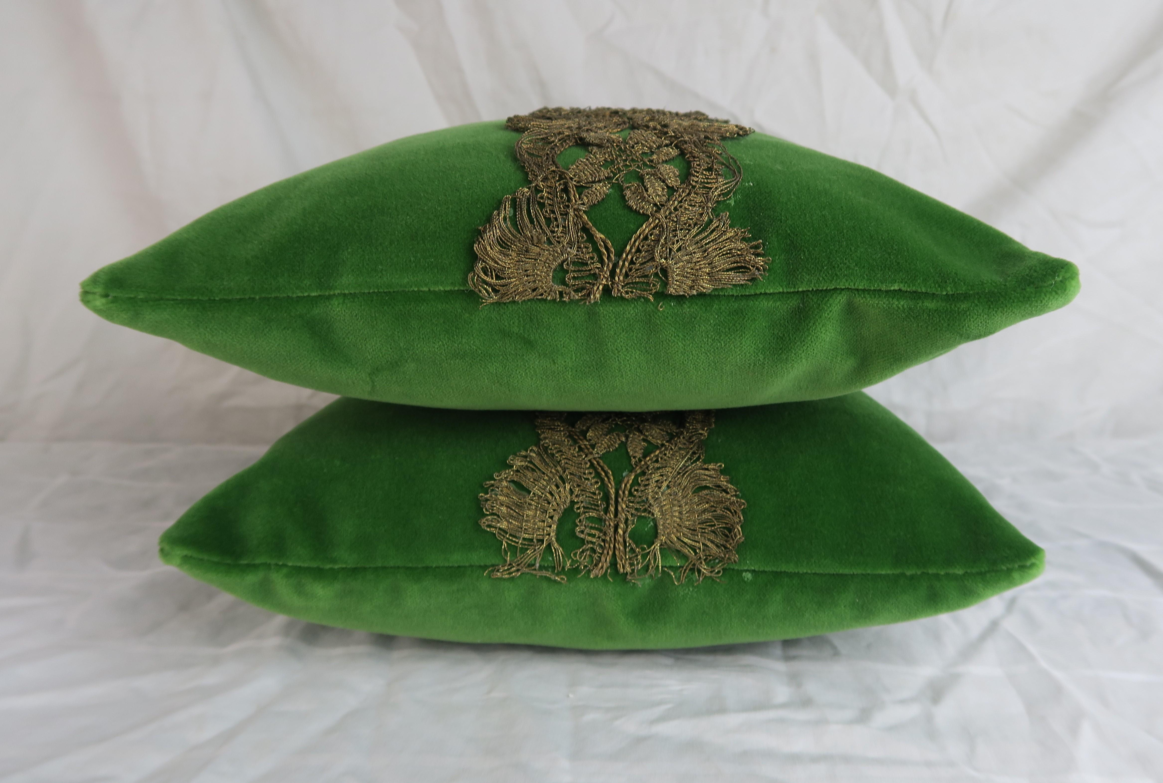 20th Century French Metallic Lace Appliqued Silk Velvet Pillows, Pair