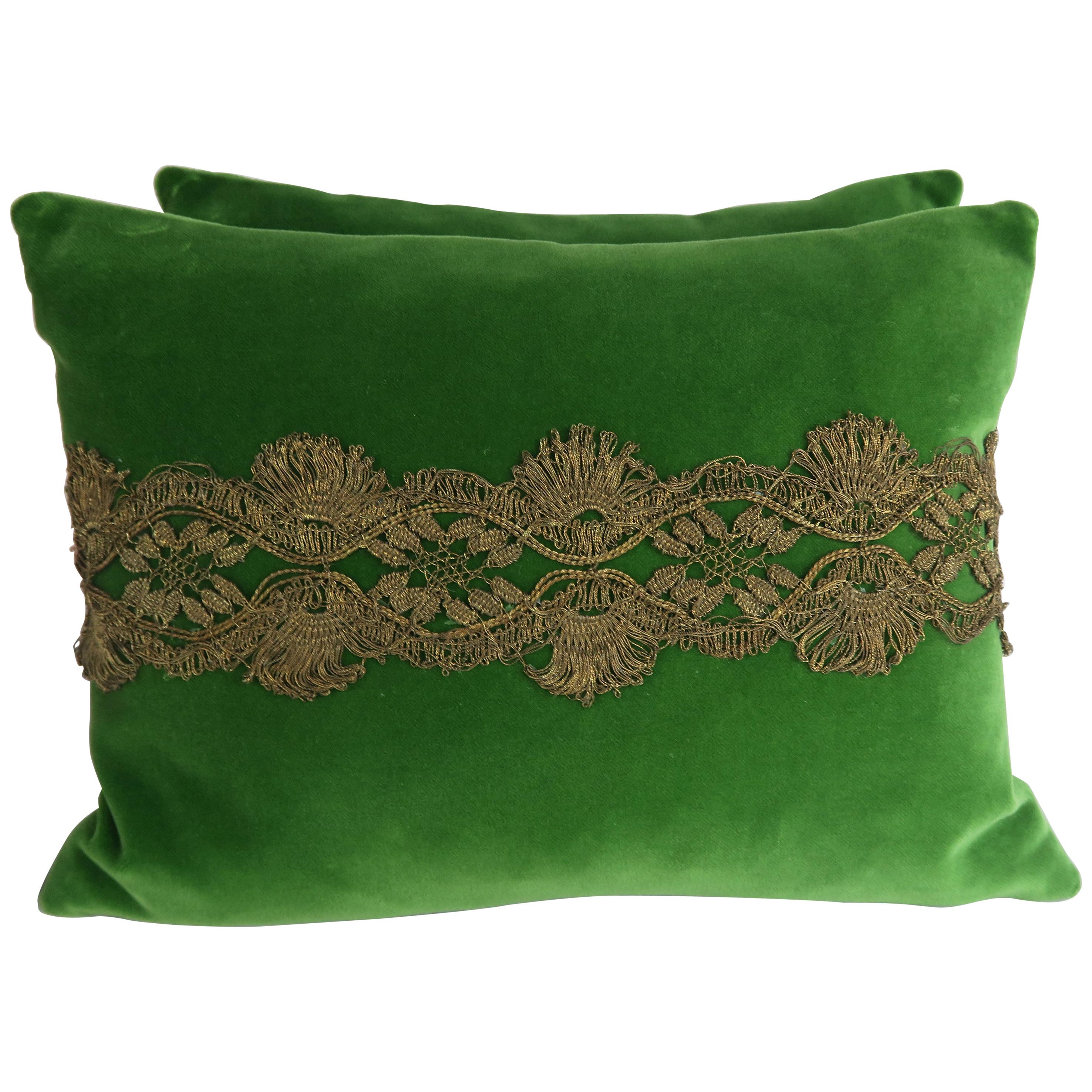 French Metallic Lace Appliqued Silk Velvet Pillows, Pair