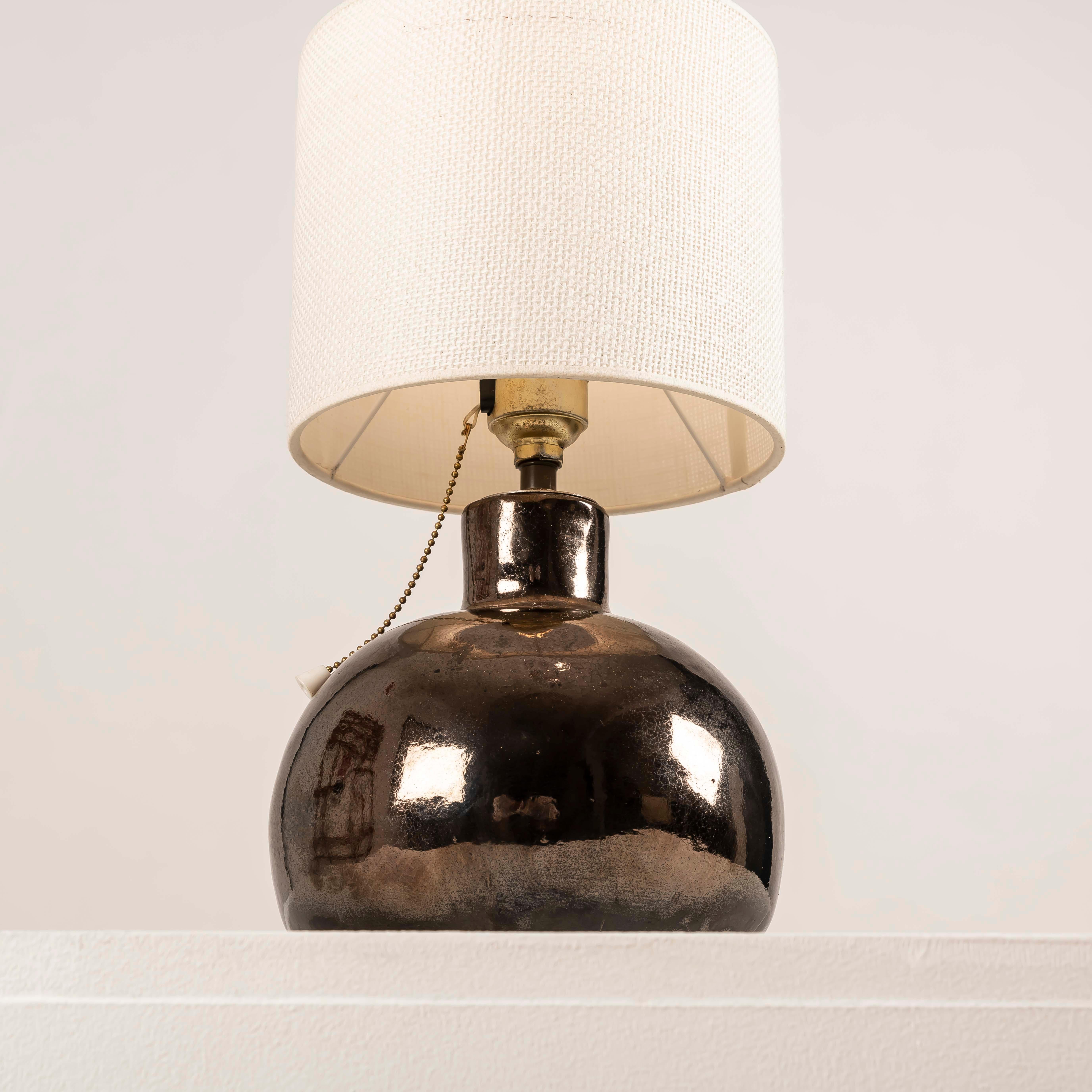 Mid-Century Modern French Metallic-Lustre Ceramic Boule Table Lamp, Vallauris, 1950s For Sale