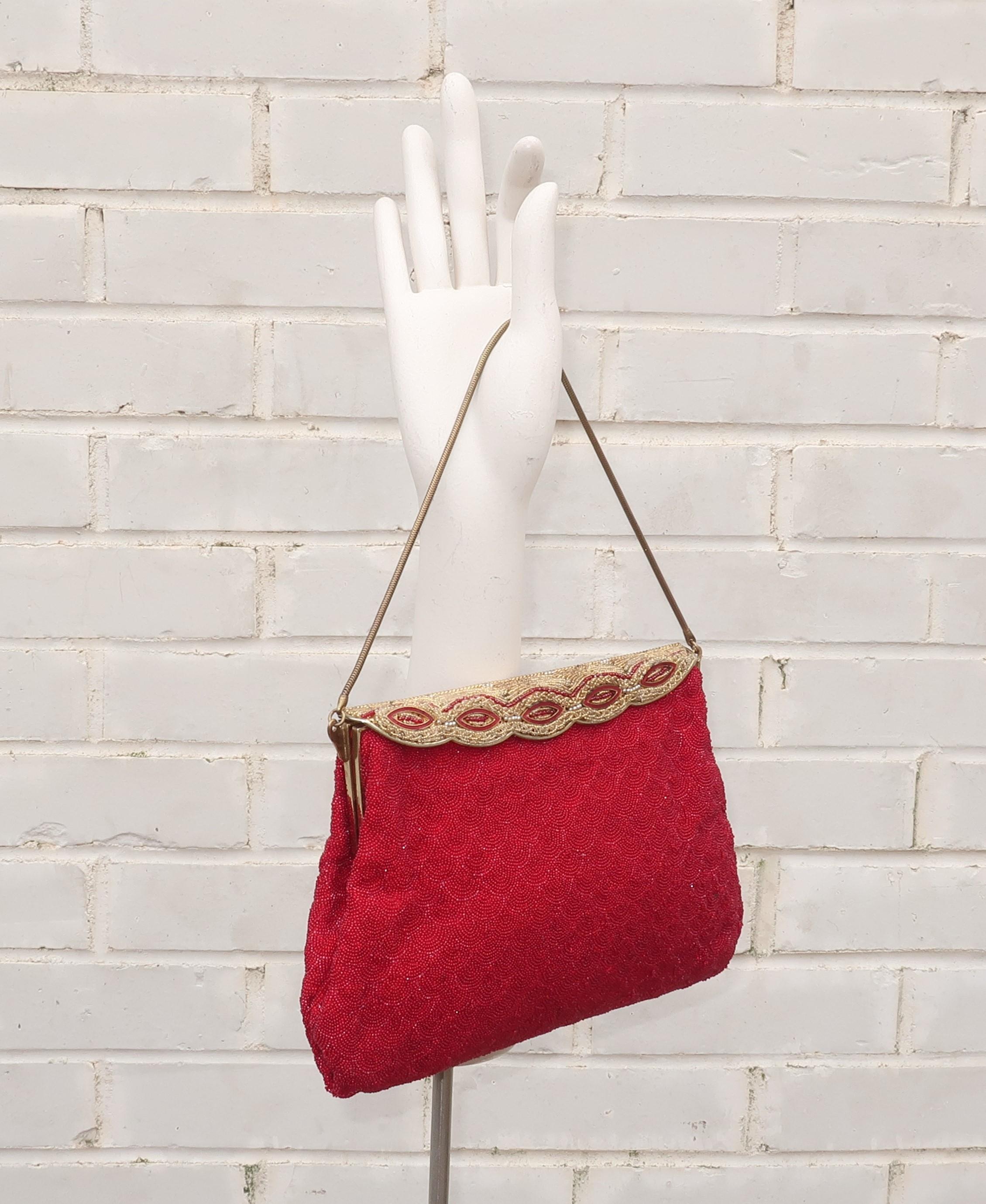 French Micro Bead Ruby Red Evening Handbag, 1950's 4