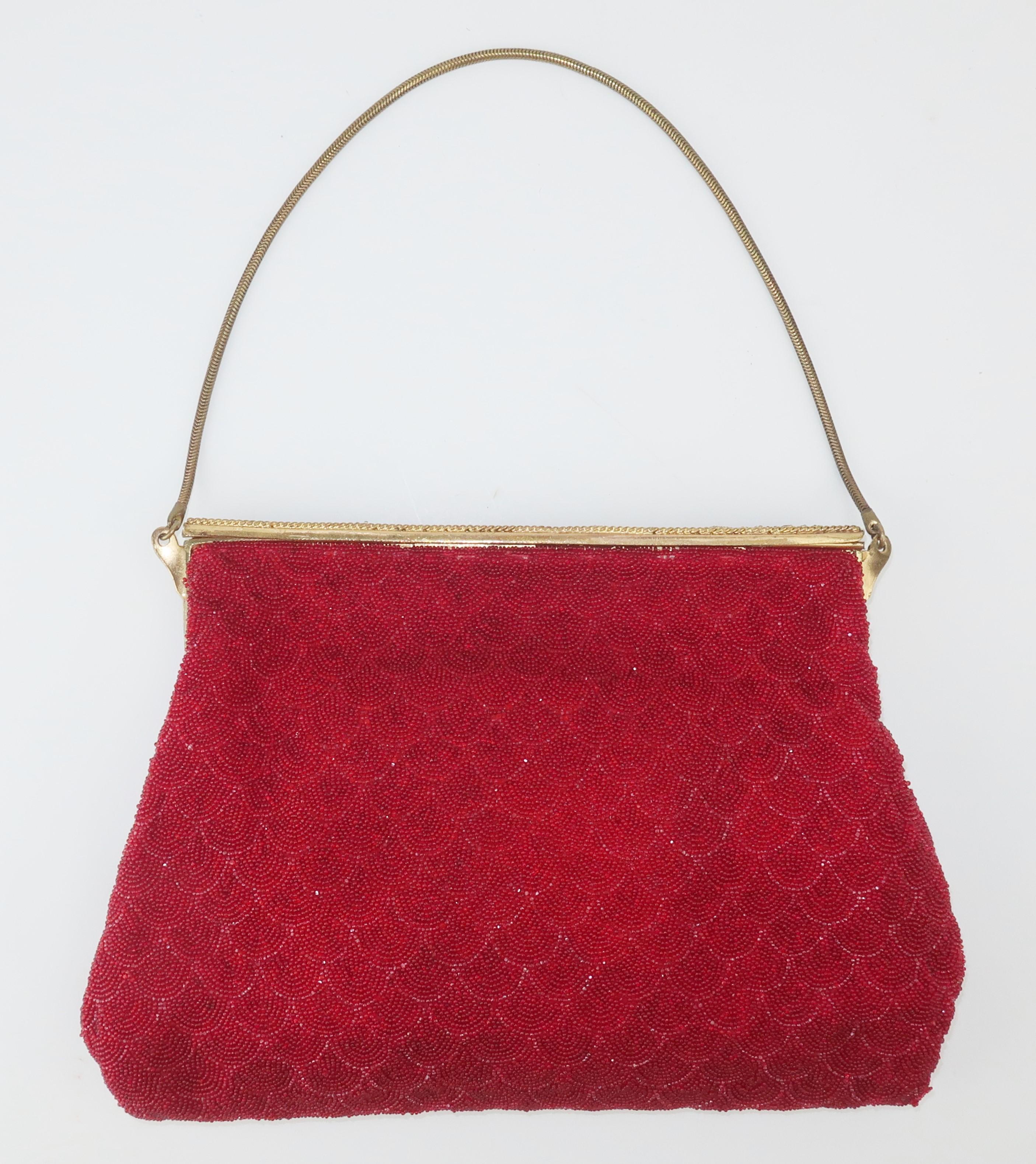 French Micro Bead Ruby Red Evening Handbag, 1950's 2