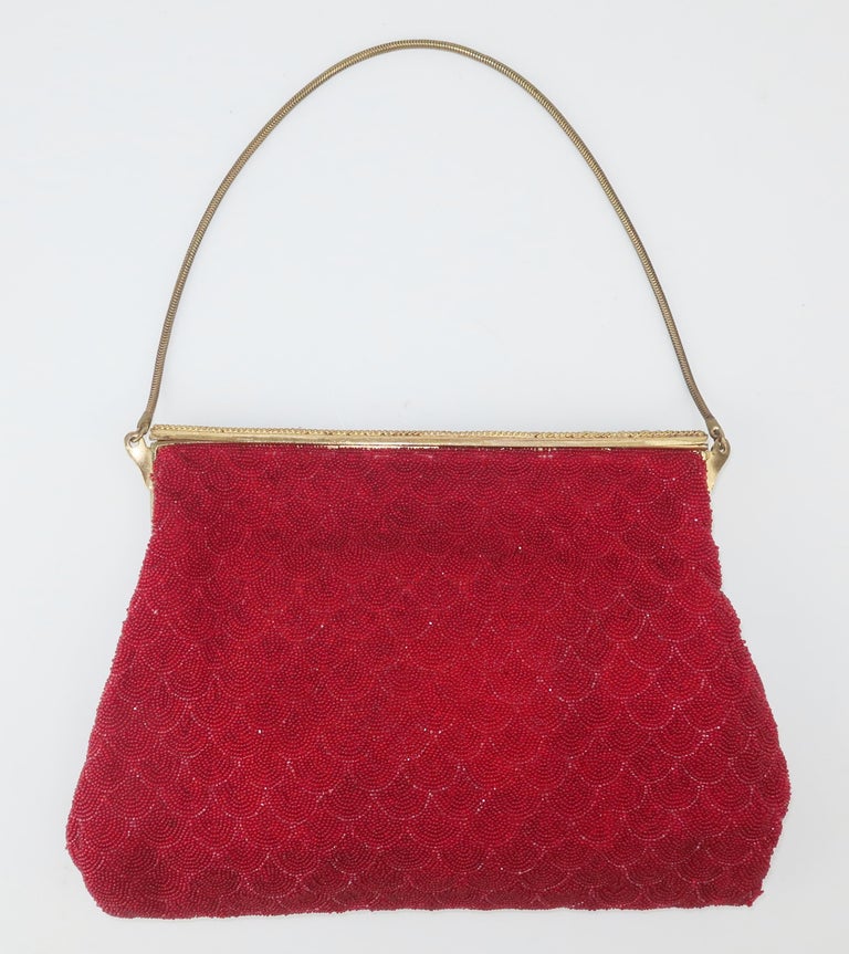 French Micro Bead Ruby Red Evening Handbag, 1950's at 1stDibs