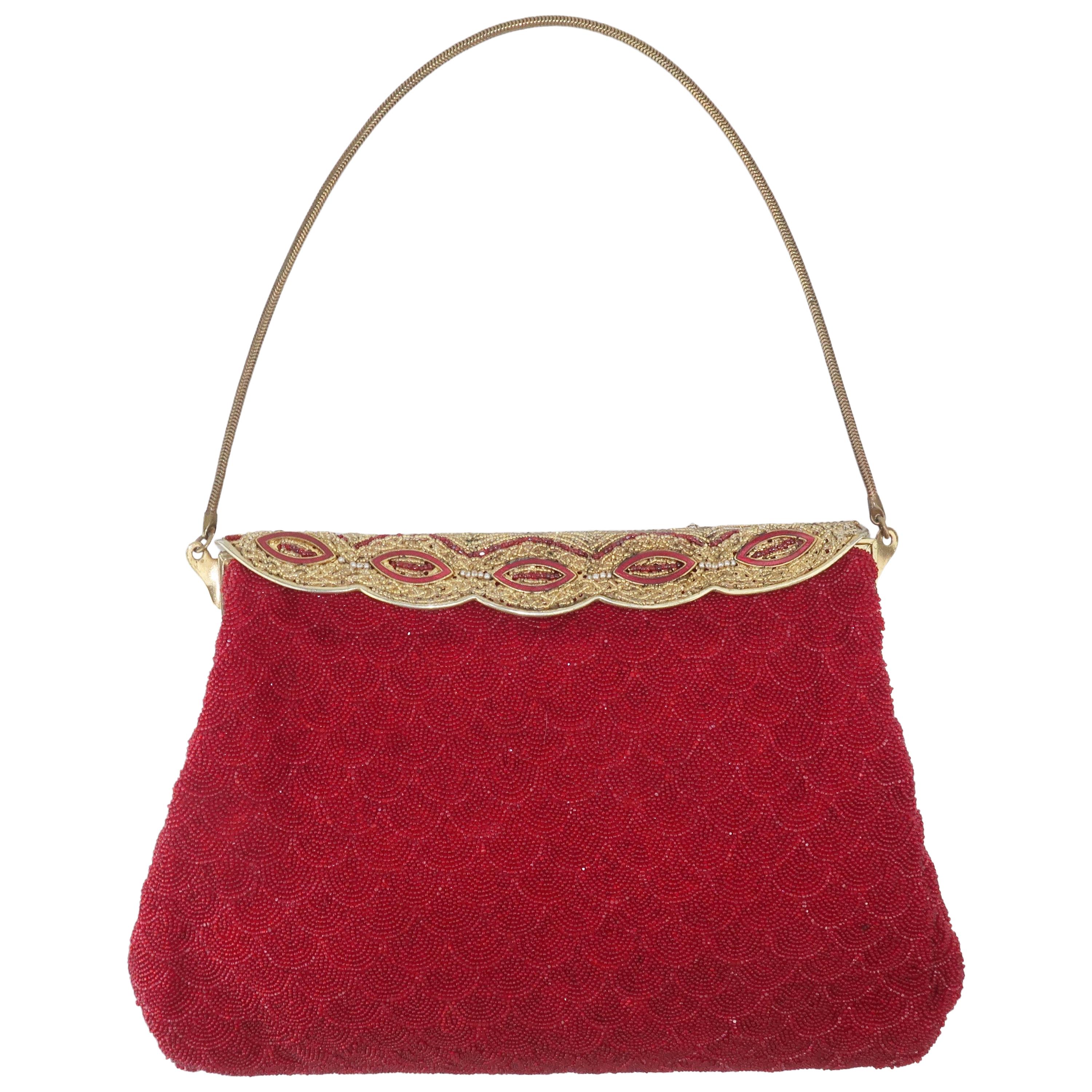French Micro Bead Ruby Red Evening Handbag, 1950's
