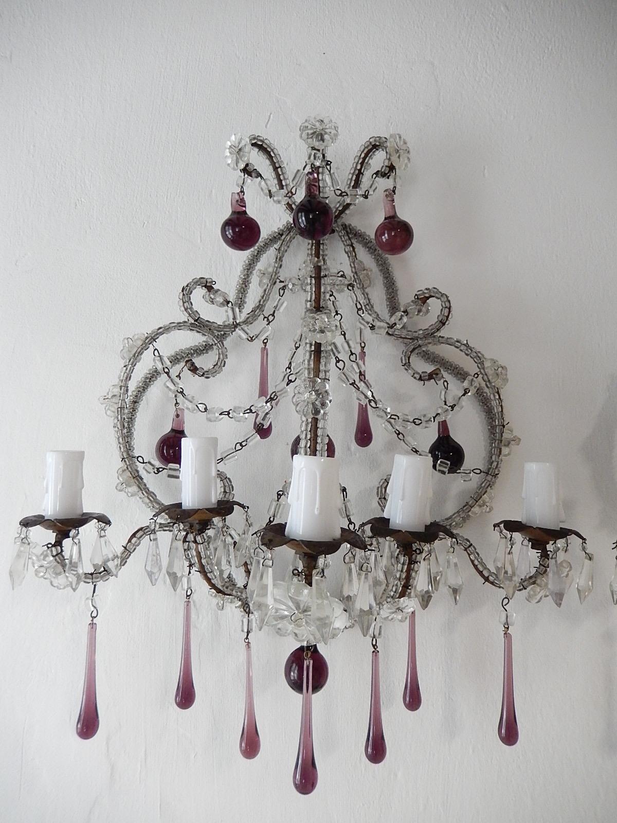 French Micro Beaded Amethyst 5-Light Murano Drops Sconces, circa 1920 For Sale 5