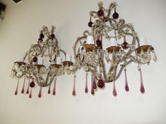 French Micro Beaded Amethyst 5-Light Murano Drops Sconces, circa 1920