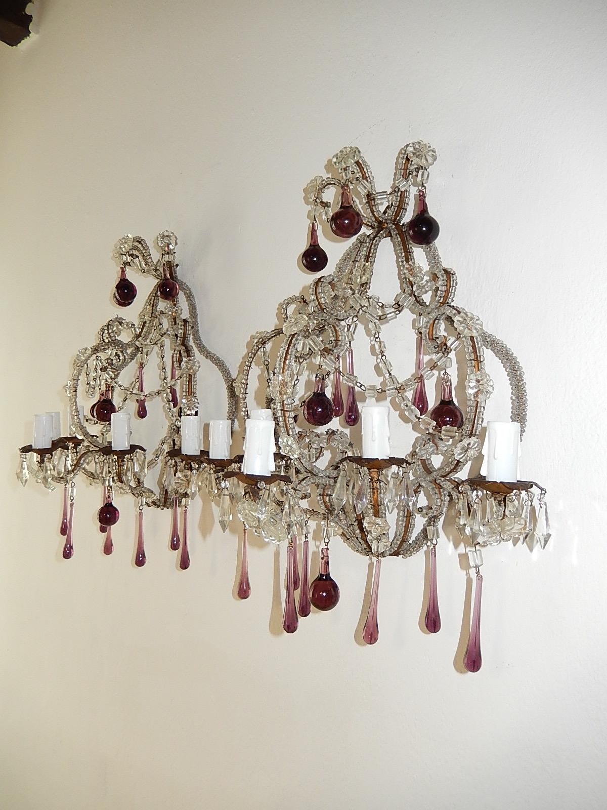 French Micro Beaded Amethyst 5-Light Murano Drops Sconces, circa 1920 In Good Condition For Sale In Modena (MO), Modena (Mo)
