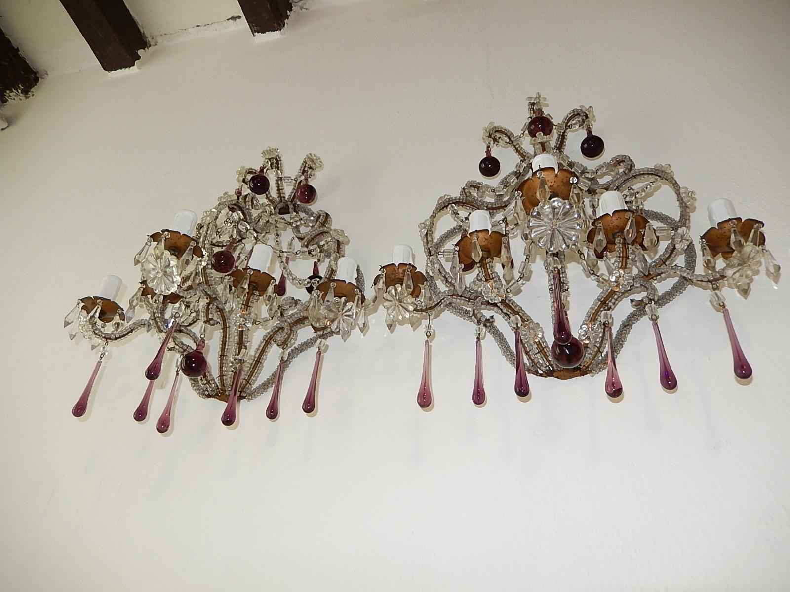 Early 20th Century French Micro Beaded Amethyst 5-Light Murano Drops Sconces, circa 1920 For Sale