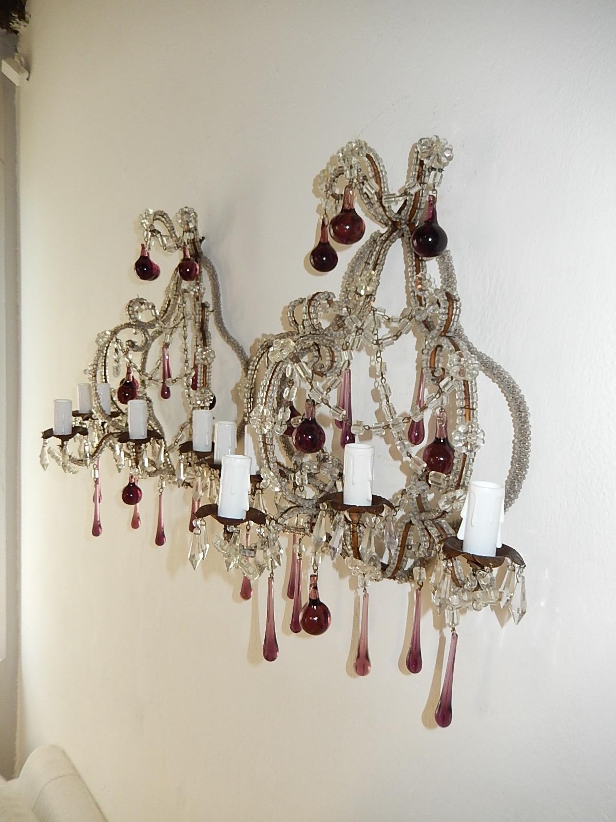 Crystal French Micro Beaded Amethyst 5-Light Murano Drops Sconces, circa 1920 For Sale