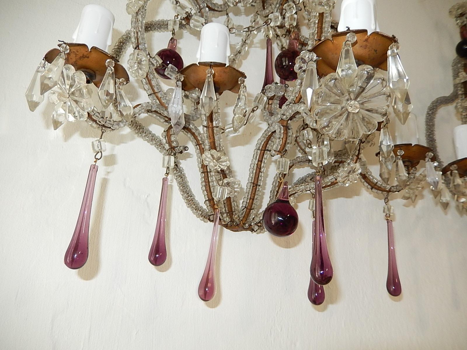 French Micro Beaded Amethyst 5-Light Murano Drops Sconces, circa 1920 For Sale 1