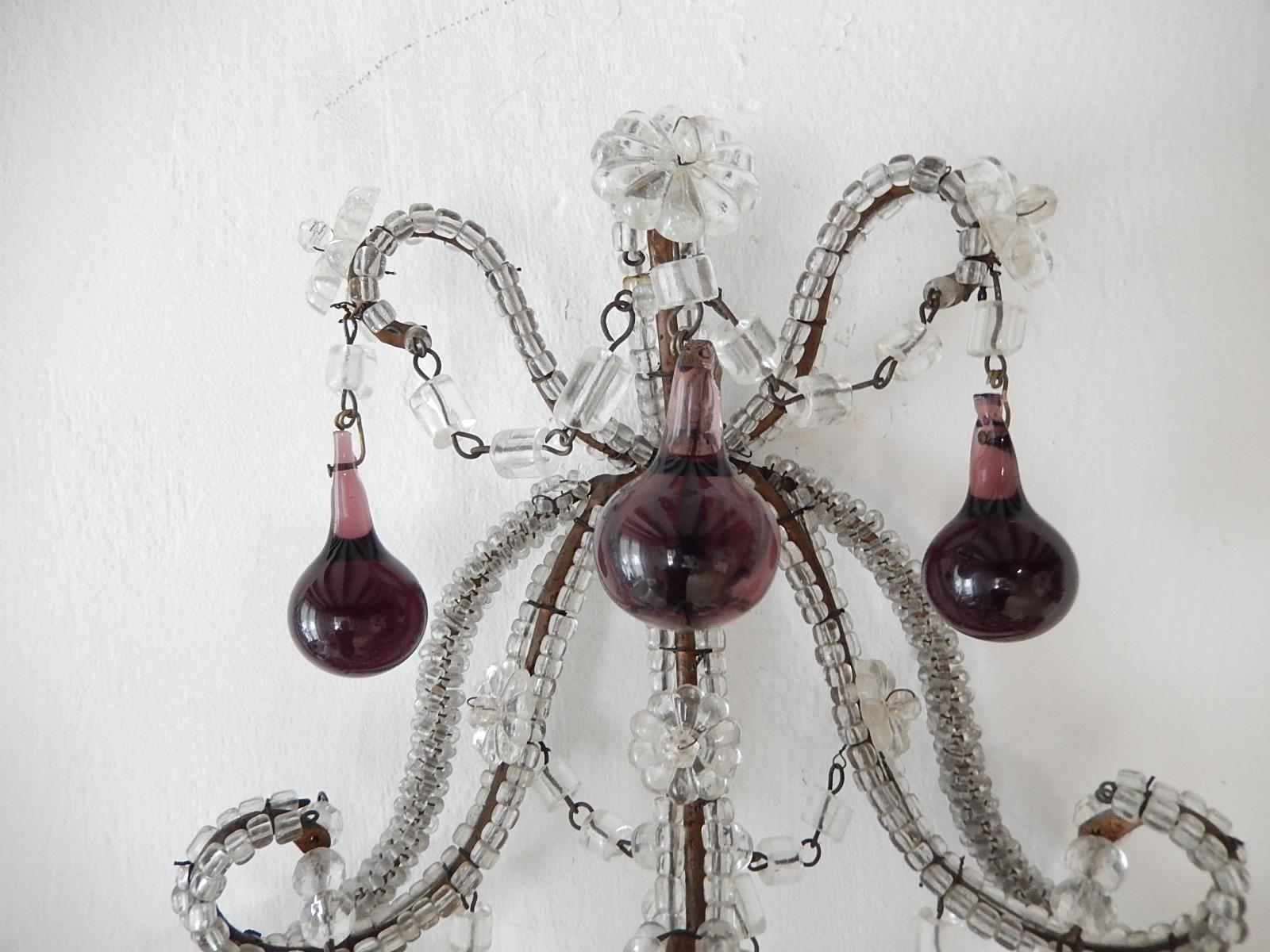 French Micro Beaded Amethyst 5-Light Murano Drops Sconces, circa 1920 For Sale 2