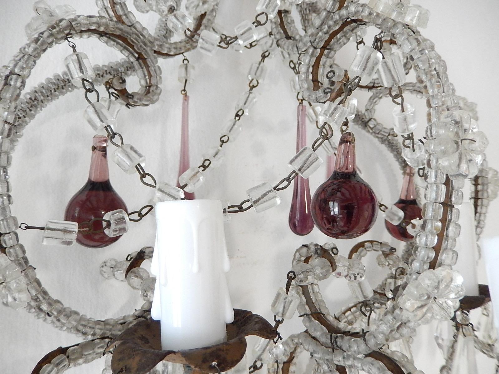 French Micro Beaded Amethyst 5-Light Murano Drops Sconces, circa 1920 For Sale 3