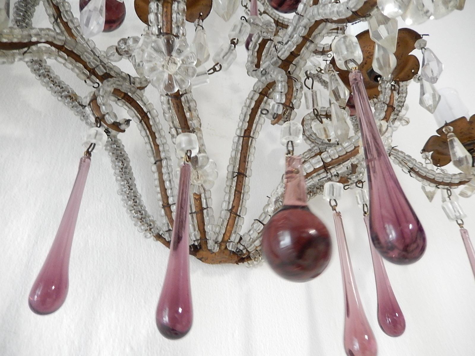 French Micro Beaded Amethyst 5-Light Murano Drops Sconces, circa 1920 For Sale 4