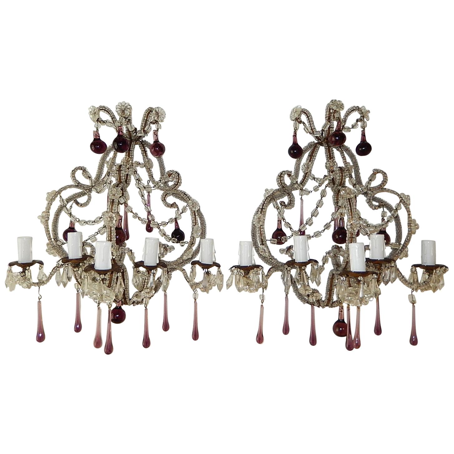 French Micro Beaded Amethyst 5-Light Murano Drops Sconces, circa 1920 For Sale