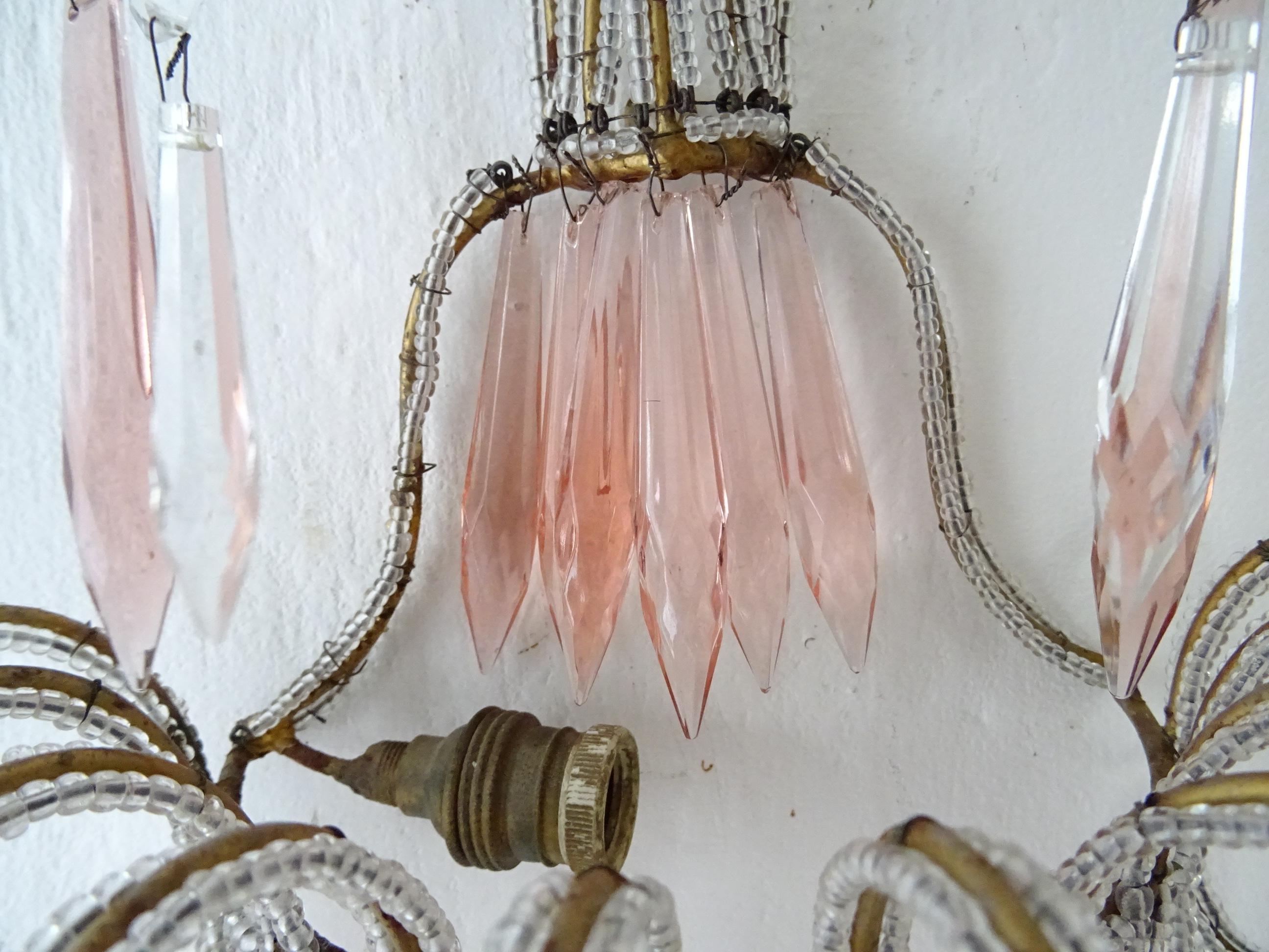 French Micro Beaded Pink & Clear Loaded Crystal Sconces, circa 1920 For Sale 6