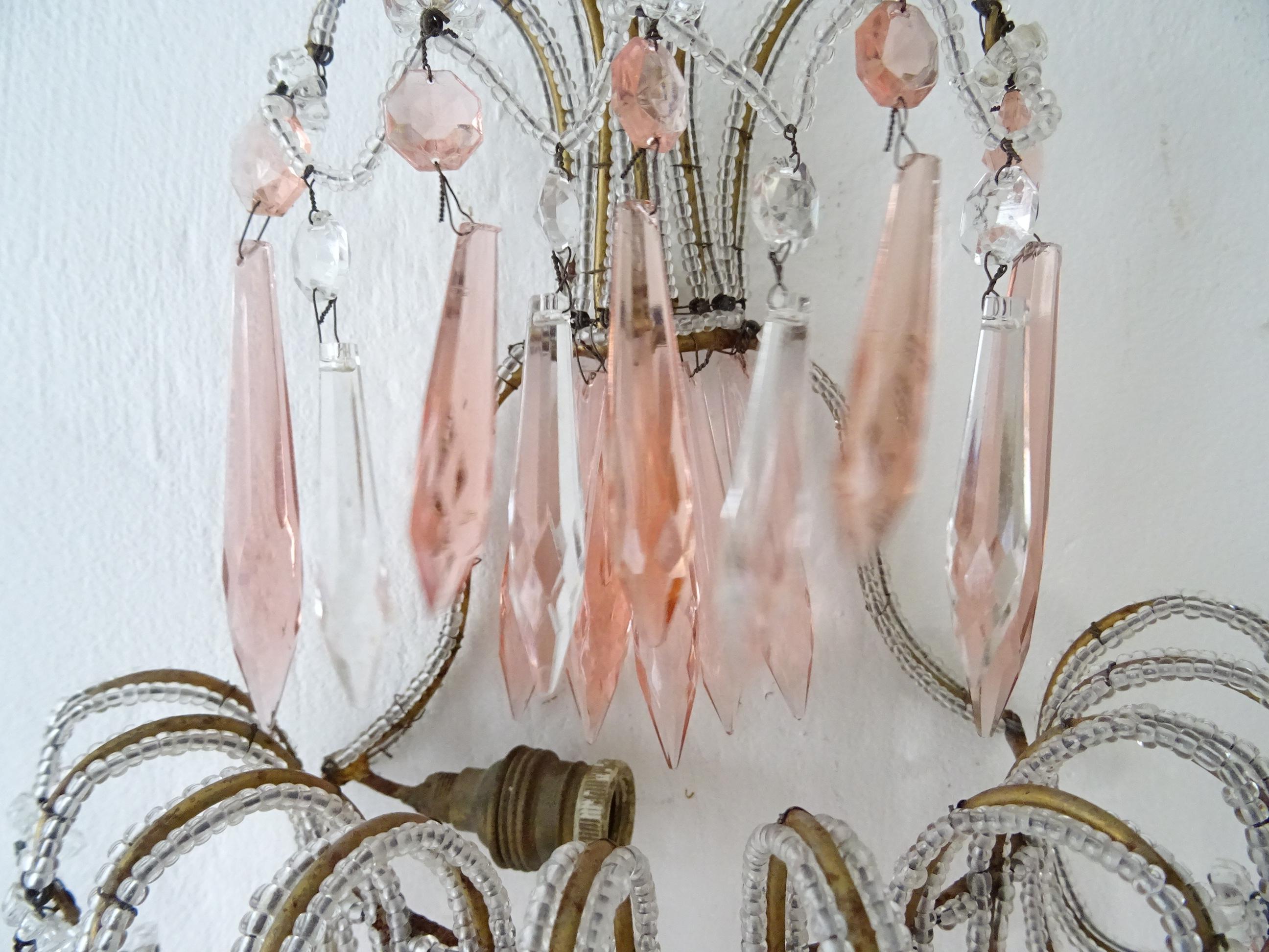French Micro Beaded Pink & Clear Loaded Crystal Sconces, circa 1920 For Sale 7