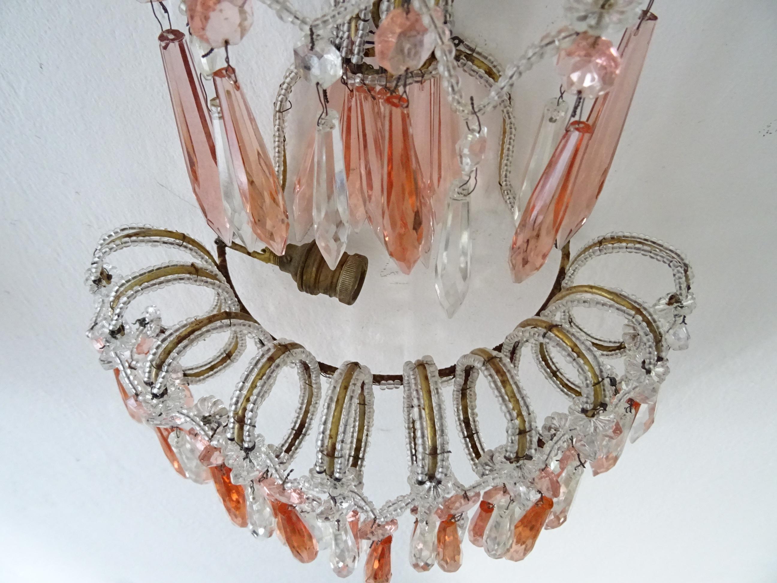 French Micro Beaded Pink & Clear Loaded Crystal Sconces, circa 1920 For Sale 8