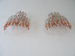 French Micro Beaded Pink & Clear Loaded Crystal Sconces, circa 1920