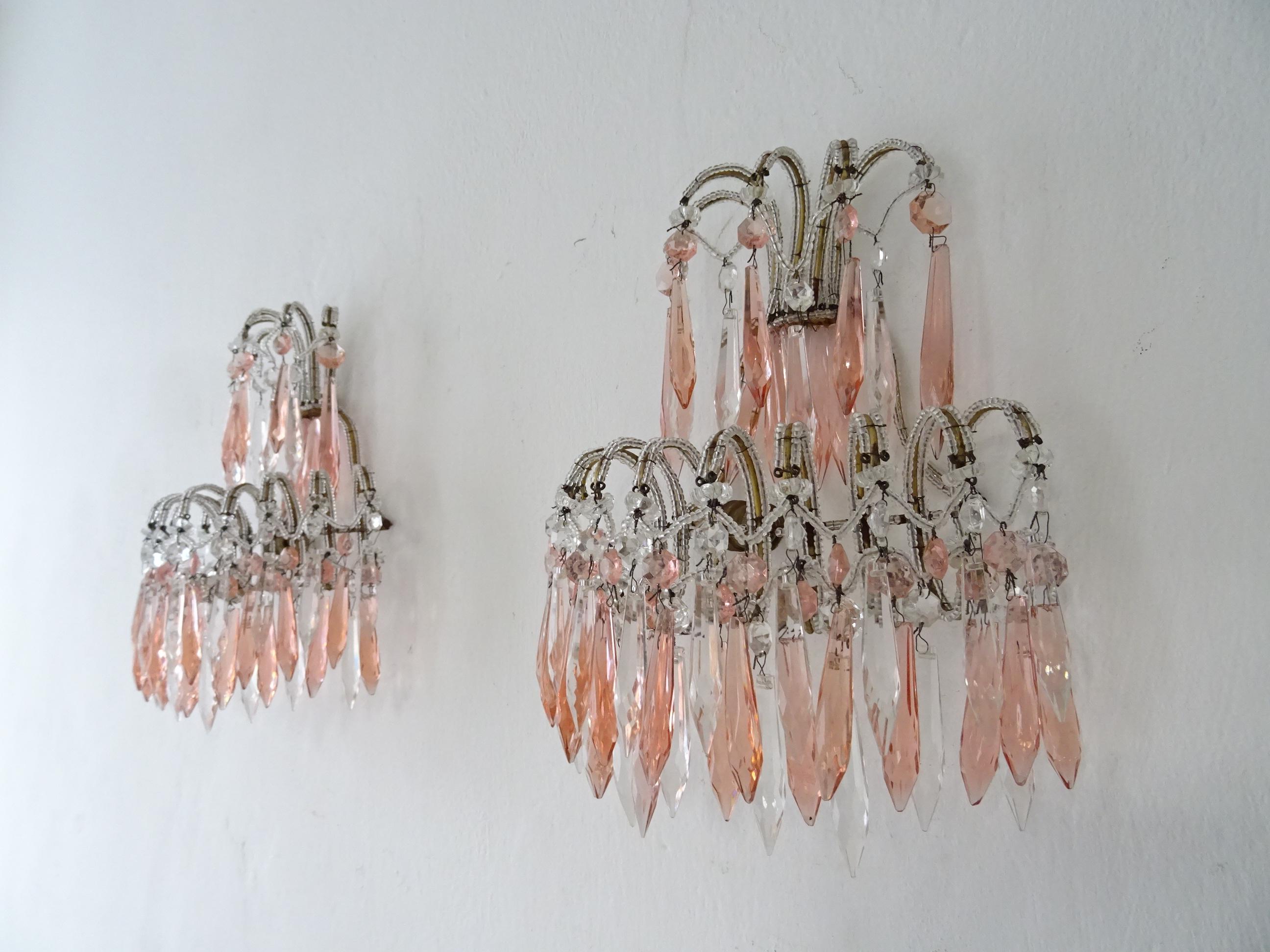 French Micro Beaded Pink & Clear Loaded Crystal Sconces, circa 1920 In Good Condition For Sale In Firenze, Toscana