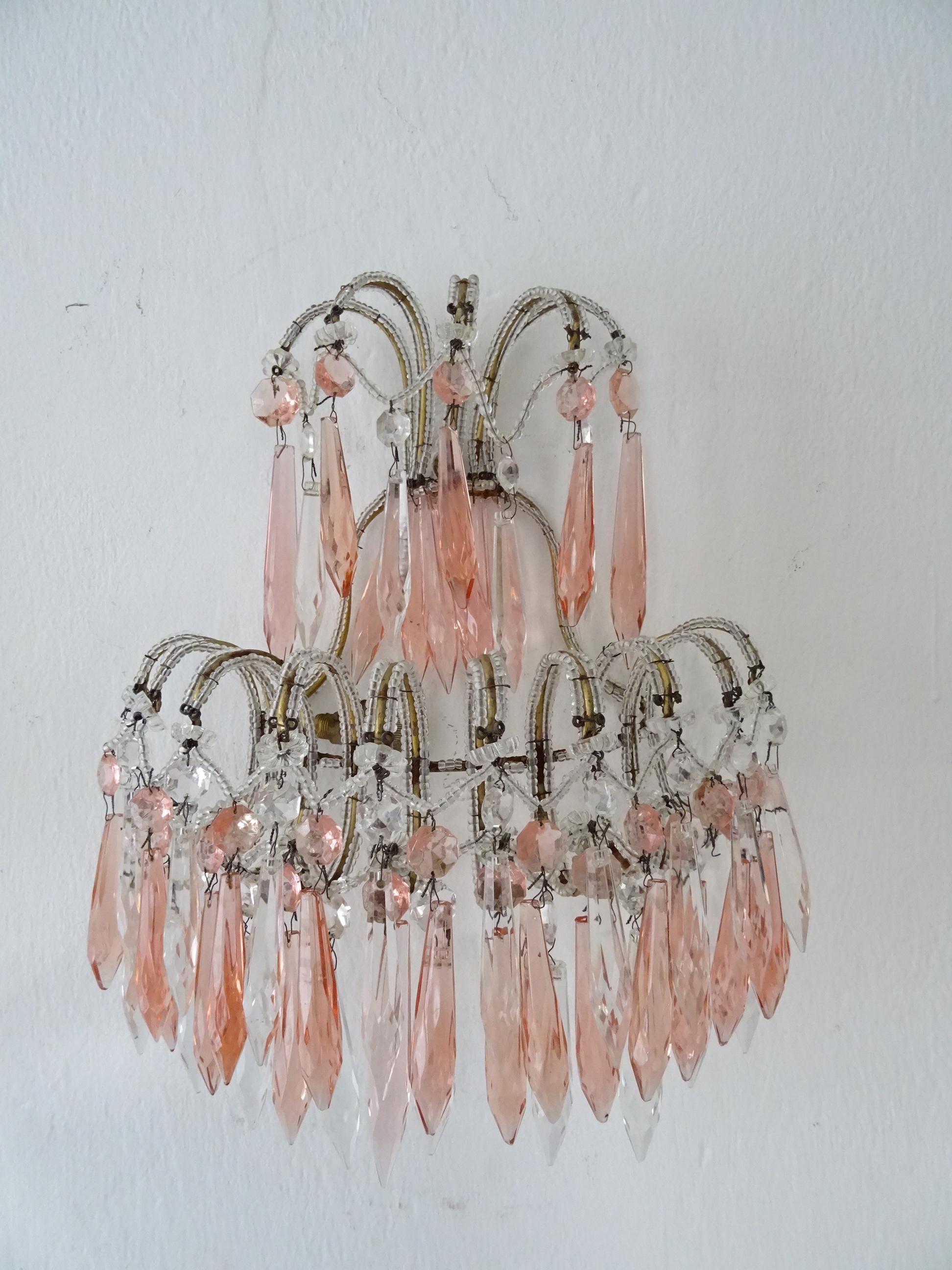 Early 20th Century French Micro Beaded Pink & Clear Loaded Crystal Sconces, circa 1920 For Sale
