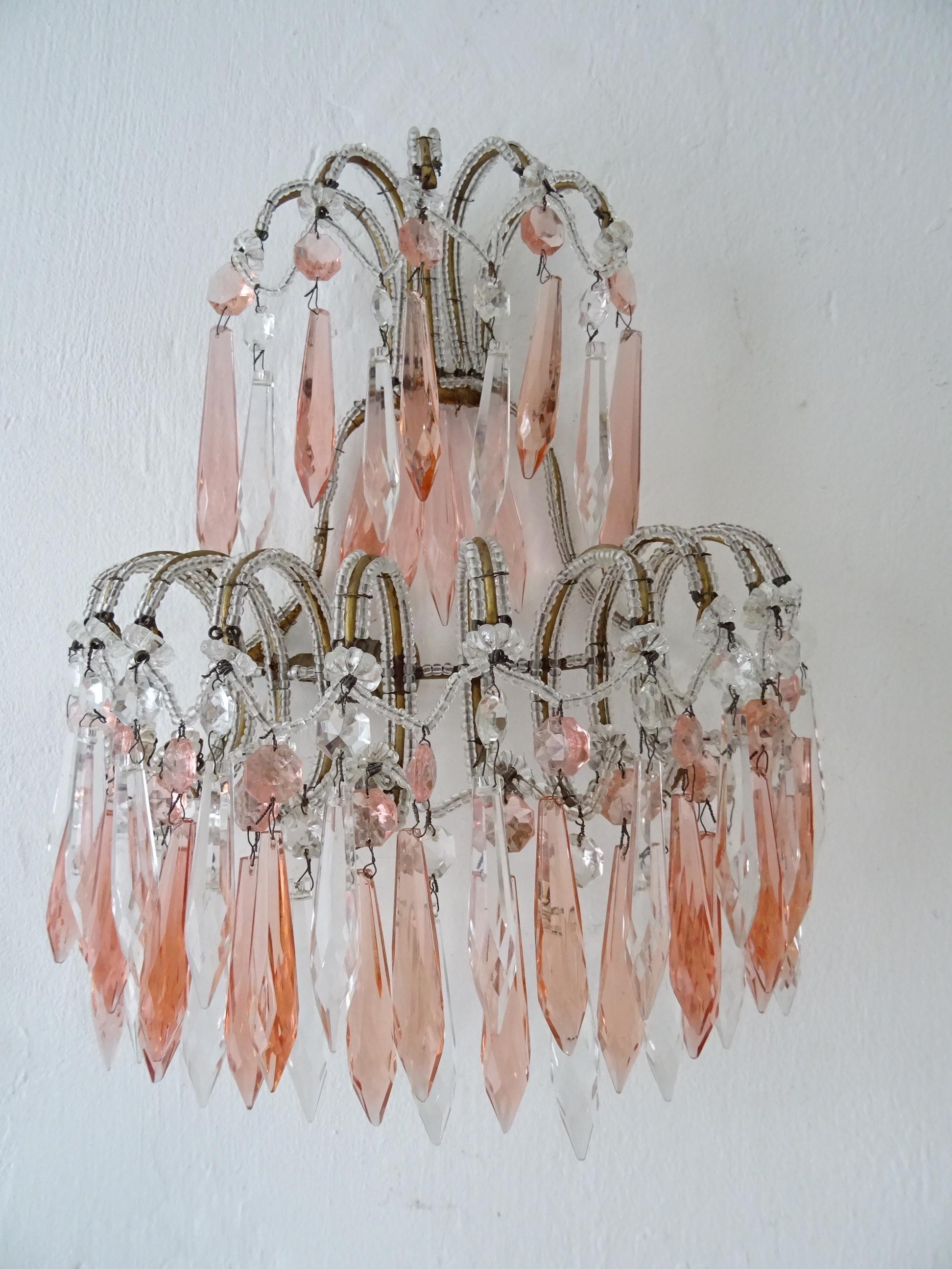 French Micro Beaded Pink & Clear Loaded Crystal Sconces, circa 1920 For Sale 1