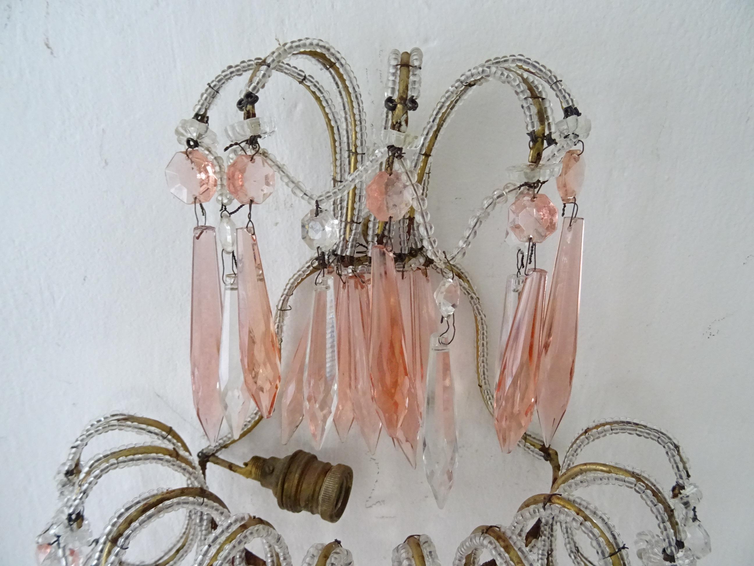 French Micro Beaded Pink & Clear Loaded Crystal Sconces, circa 1920 For Sale 2