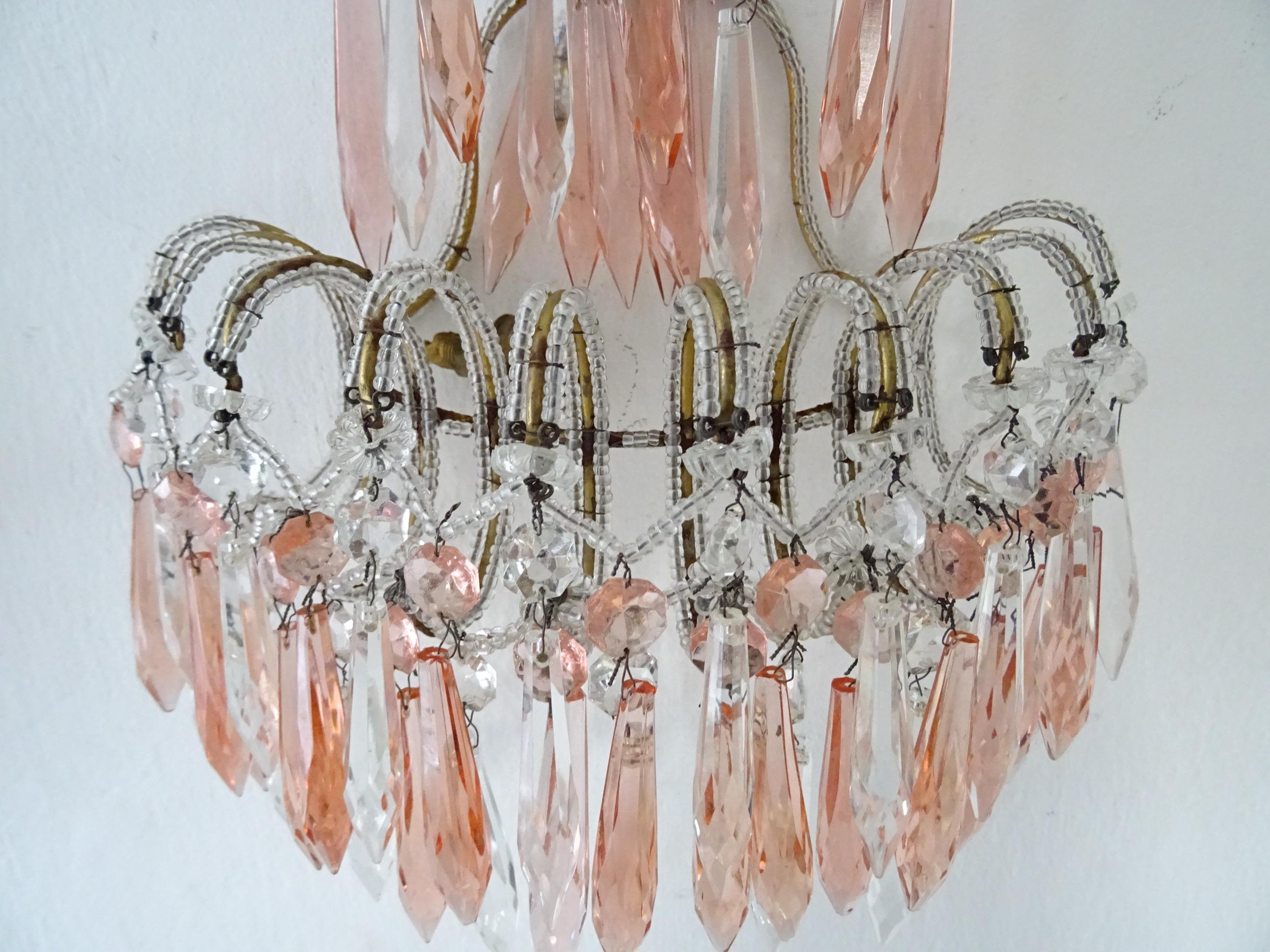 French Micro Beaded Pink & Clear Loaded Crystal Sconces, circa 1920 For Sale 3