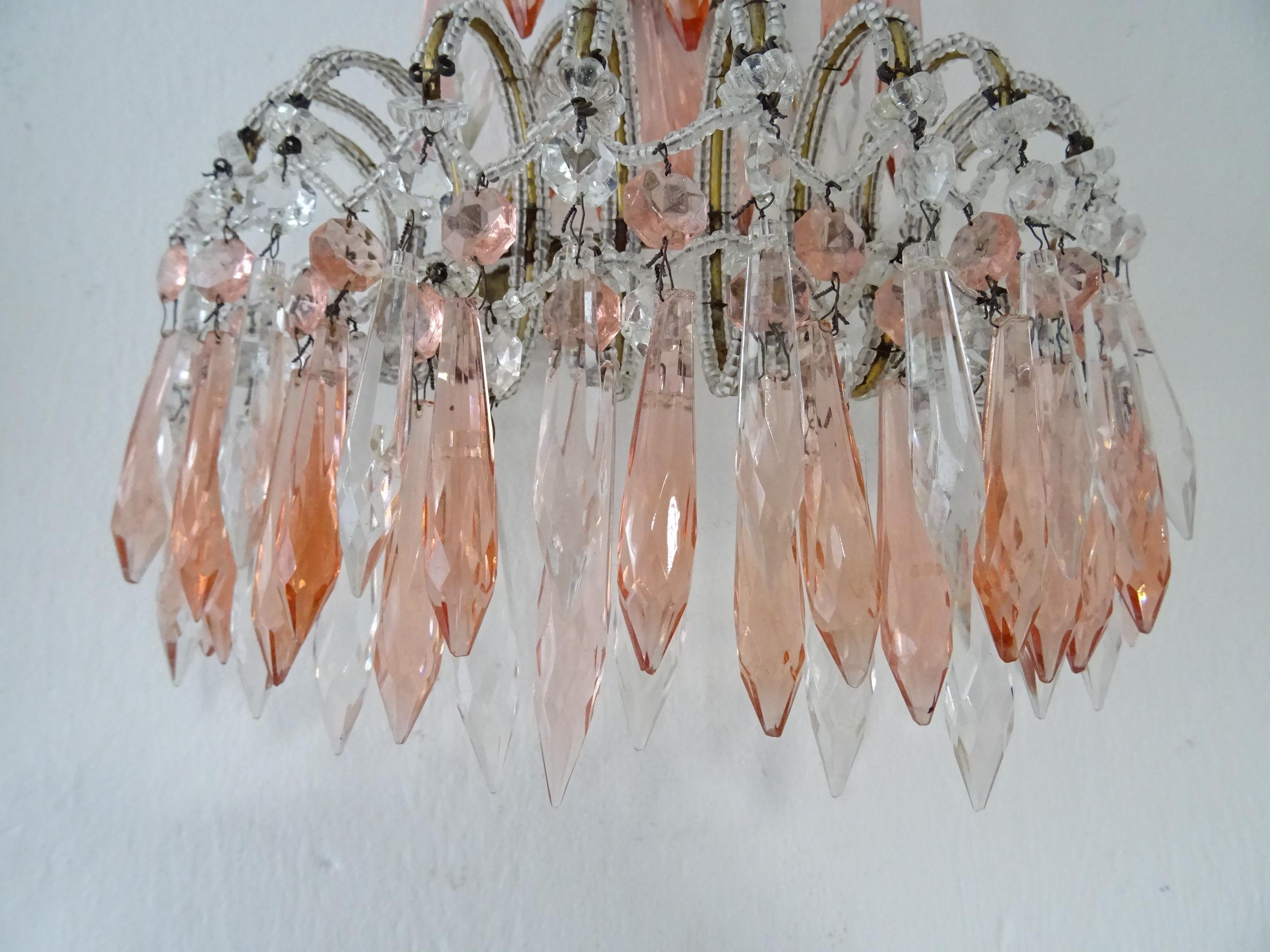 French Micro Beaded Pink & Clear Loaded Crystal Sconces, circa 1920 For Sale 4