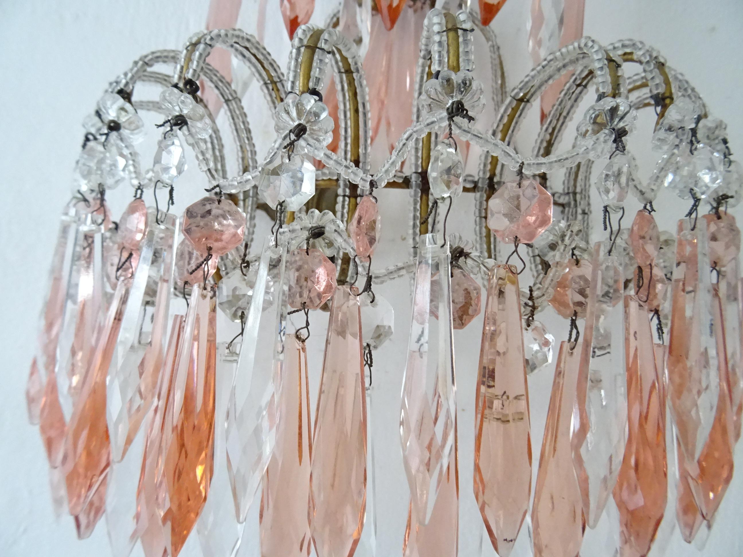 French Micro Beaded Pink & Clear Loaded Crystal Sconces, circa 1920 For Sale 5