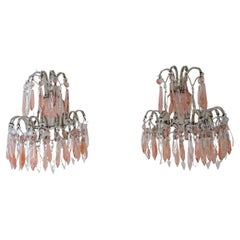 French Micro Beaded Pink & Clear Loaded Crystal Sconces, circa 1920