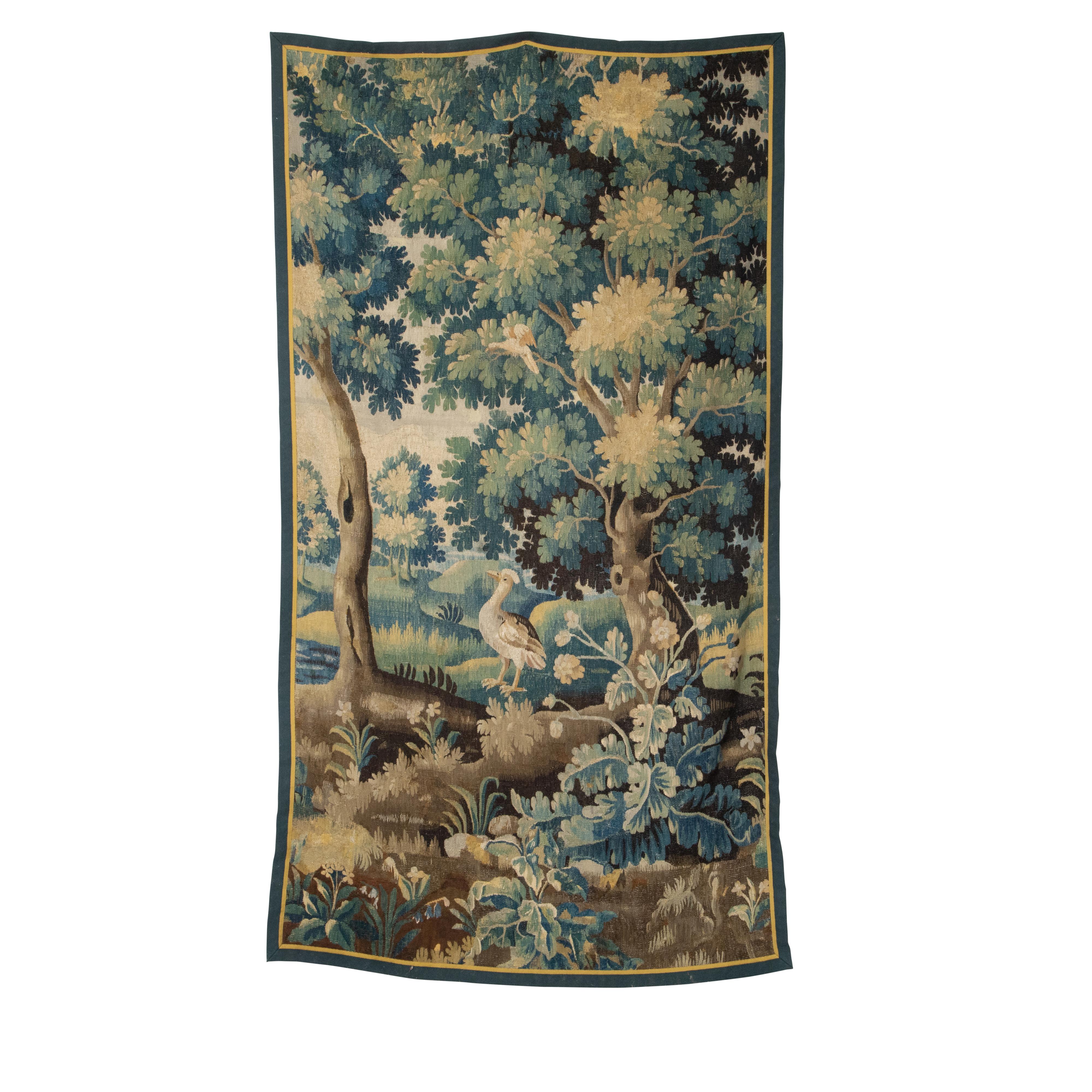 Woven French Mid-18th Century Aubusson Vertical Tapestry Depicting a Bird in the Woods For Sale