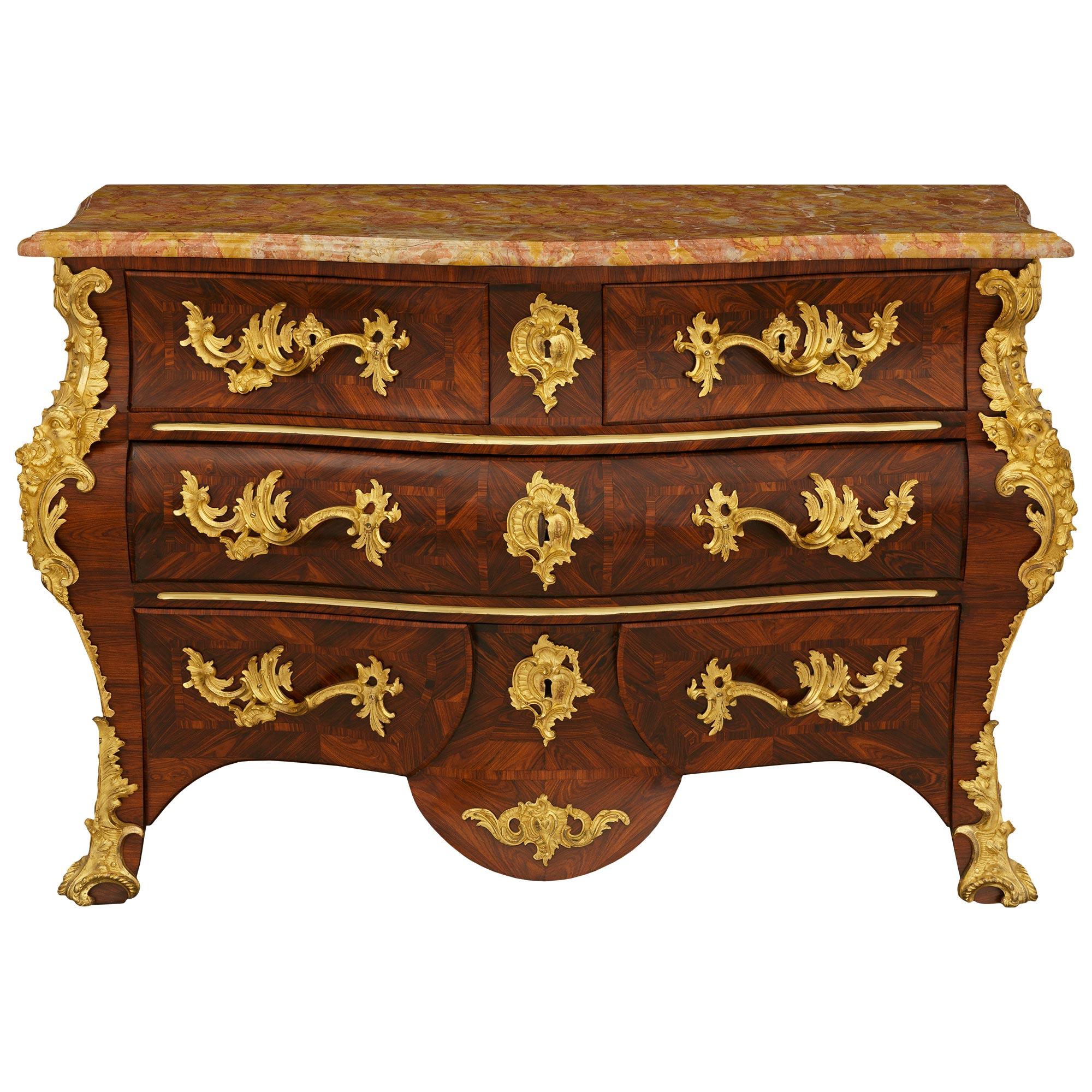 French mid 18th century Rosewood, Kingwood, Ormolu and Marble commode For Sale