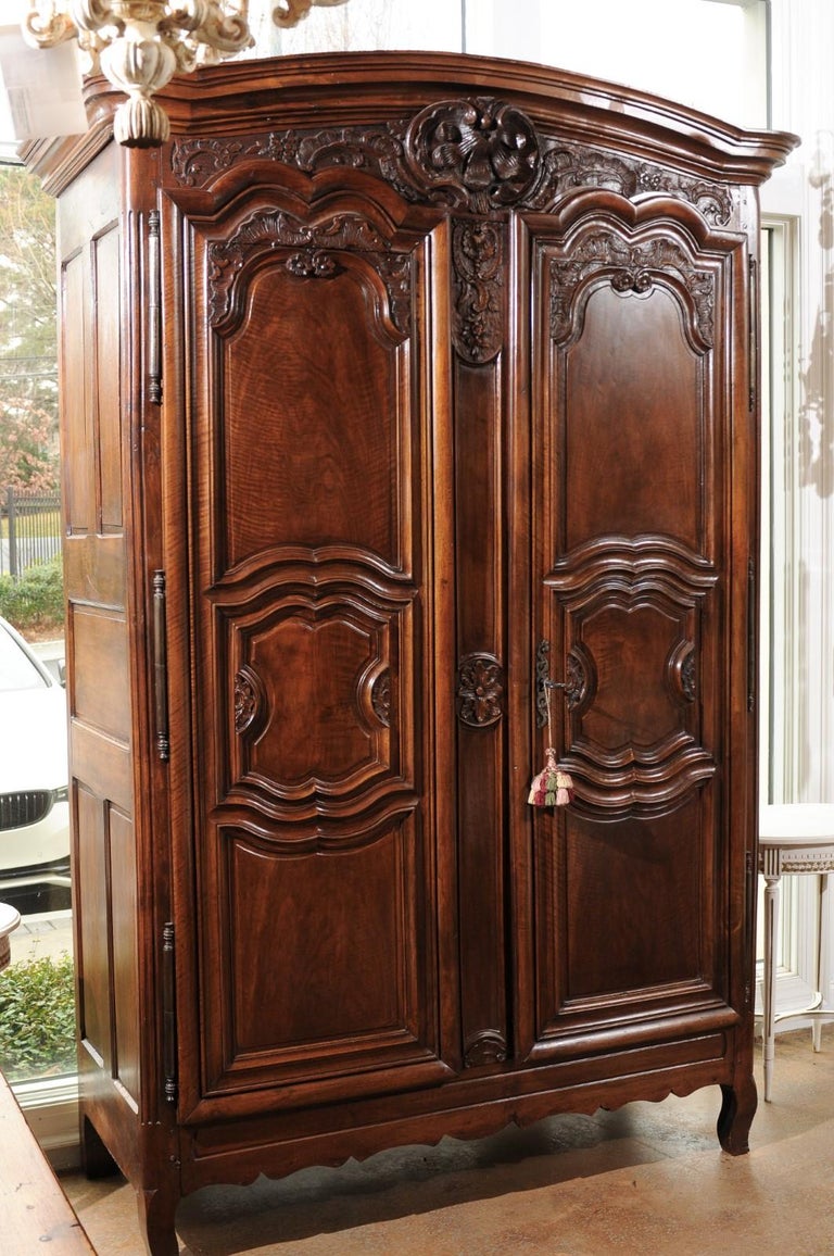 French Mid18th Century Walnut Louis XV Lyonnaise Armoire with Carved