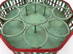 Mid-1900s Octagonal Wicker Carrying Basket Eight Glasses One Bottle, Green/Red