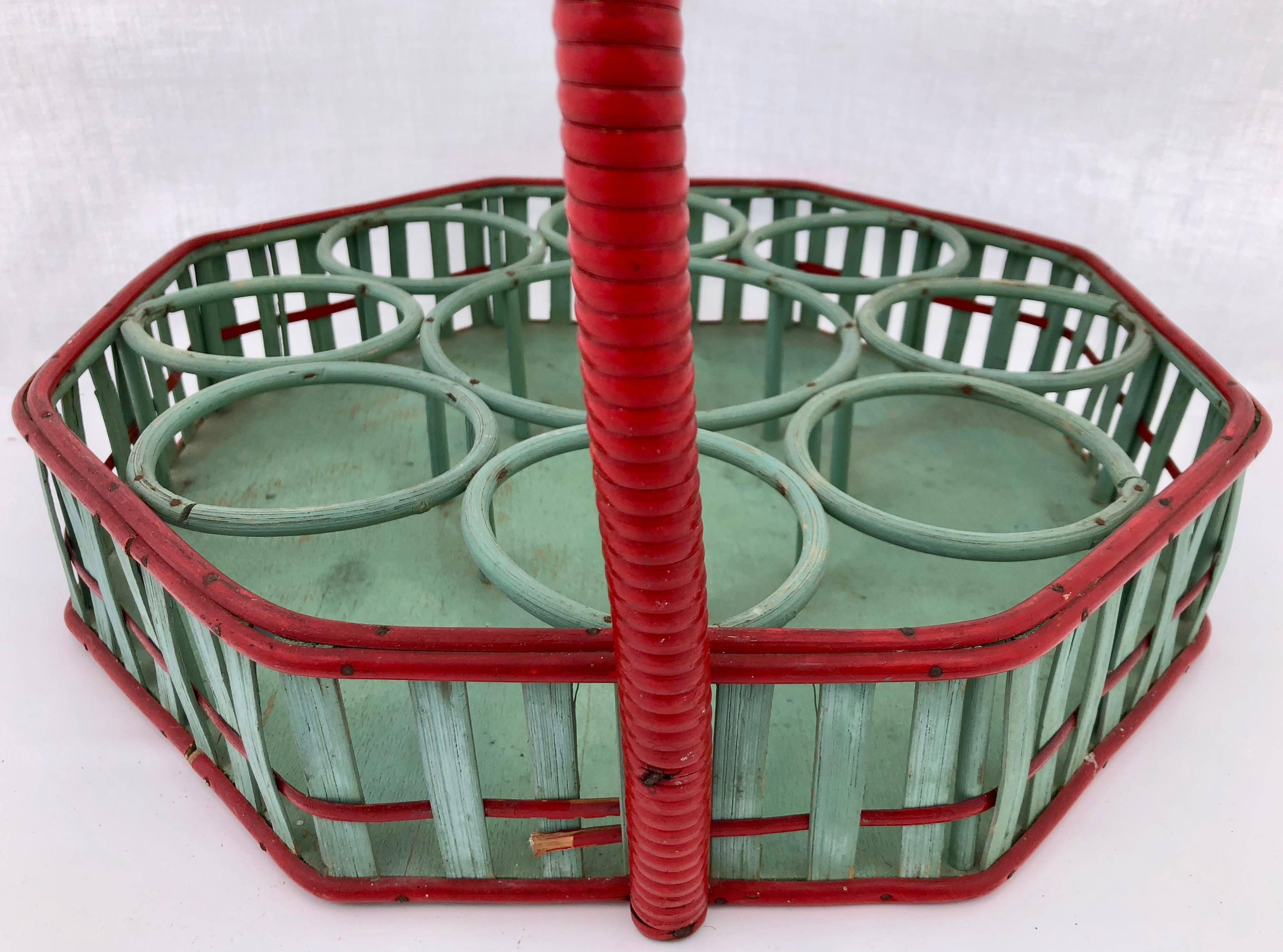 French Mid-1900s Octagonal Wicker Carrying Basket Eight Glasses One Bottle, Green/Red For Sale