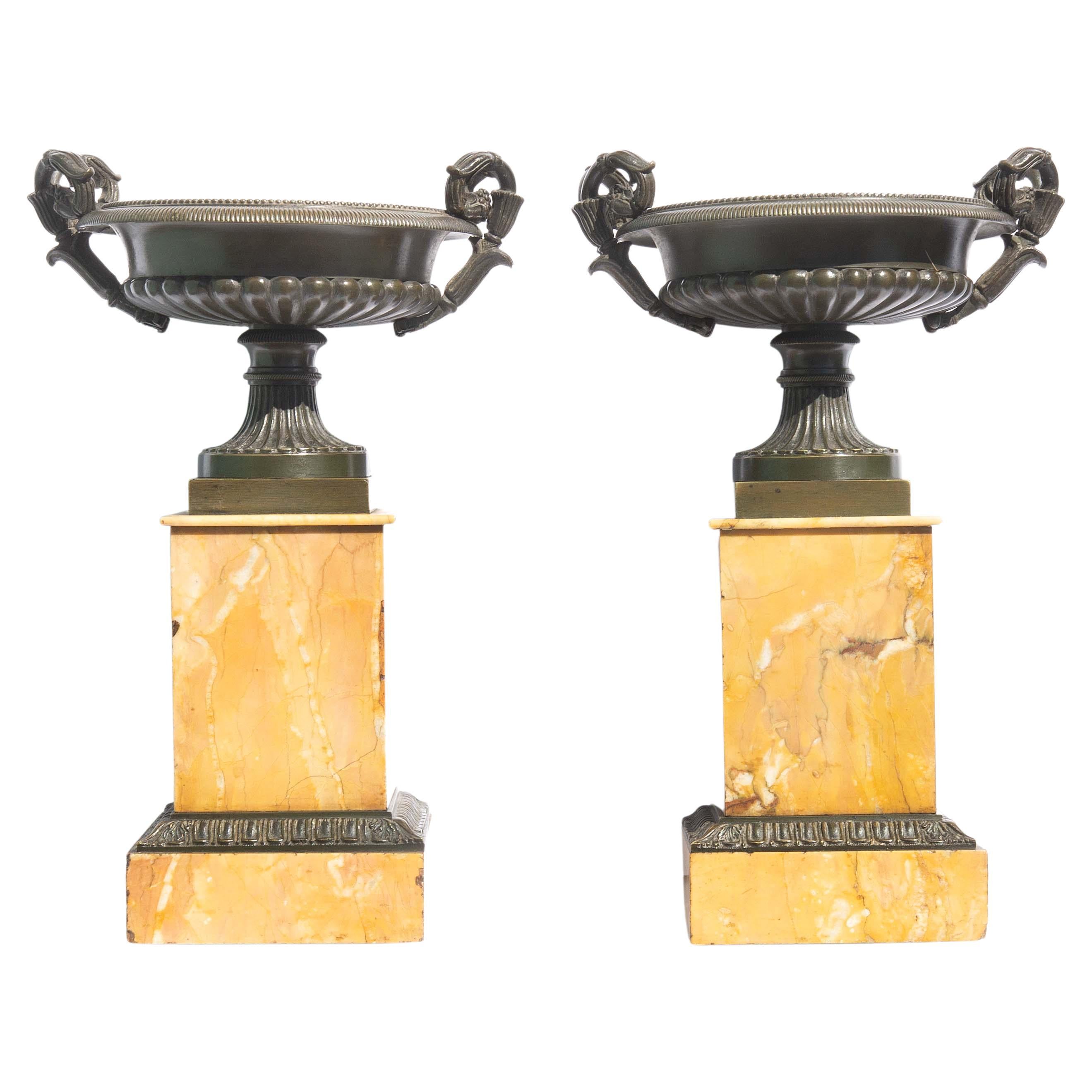 French Mid 19th Century Bronze and Marble Garniture Urns or Tazzas a Pair For Sale