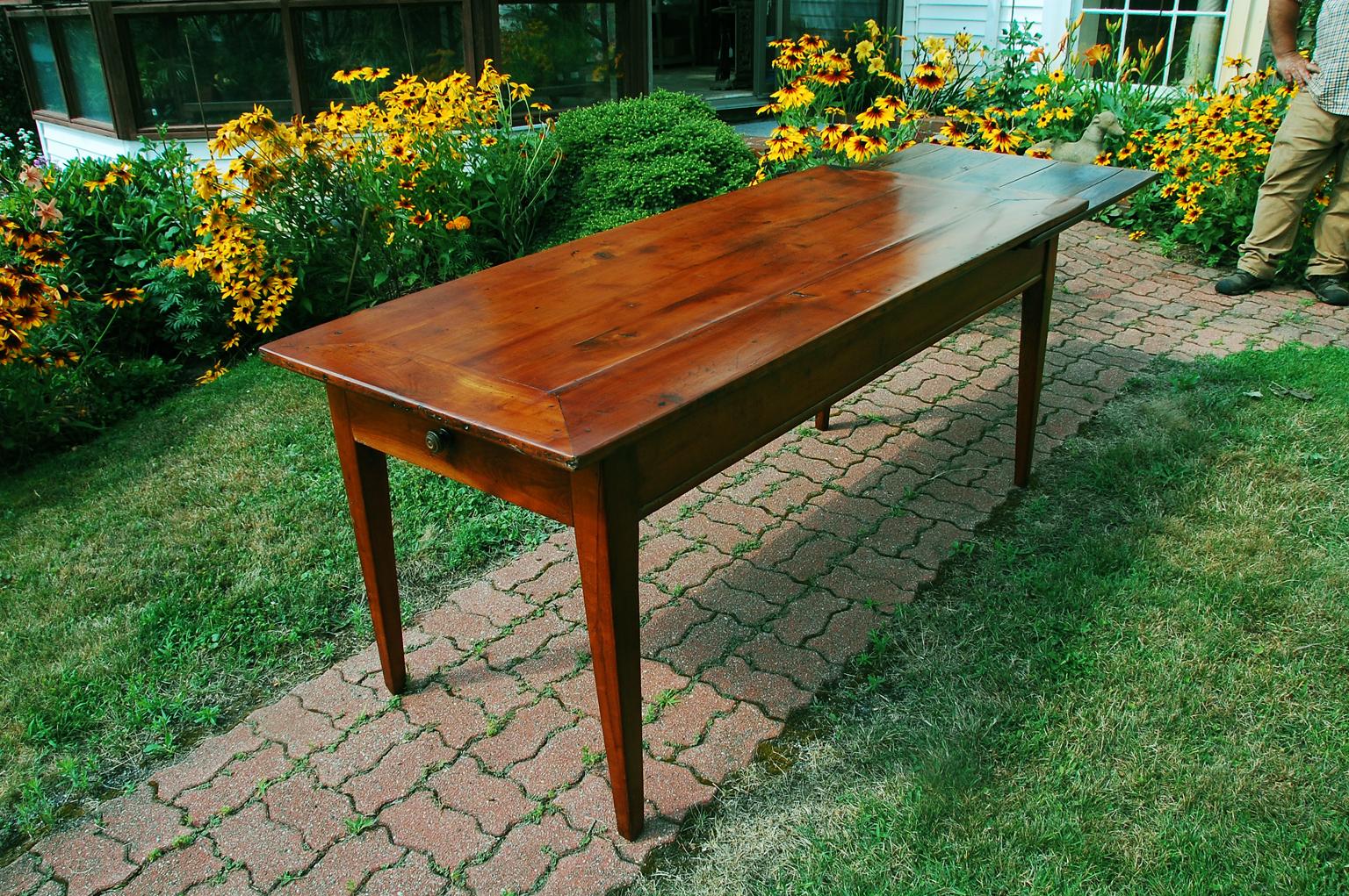 French Provincial French Mid 19th Century Cherry 72 Inch Farmhouse Table with Chestnut  Breadslide