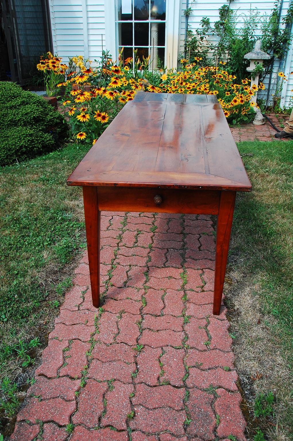 French Mid 19th Century Cherry 72 Inch Farmhouse Table with Chestnut  Breadslide In Good Condition In Wells, ME