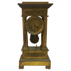Antique French Mid-19th Century Empire Portico Gilded Bronze Clock